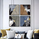 The Urbanist 4-Set Reflected Towers Acrylic & Leather 3D Wall Art by Giant Sculptures features framed cityscapes in a grid above a modern sofa with white, yellow, and gray cushions, adding stunning texture to any contemporary space.
