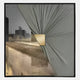 Urbanist III Abstract Architecture Acrylic & Leather 3D Wall Art by Giant Sculptures features metallic surfaces, vertical lines, cityscape reflections, and a gold square. The gray and gold palette creates a sophisticated, striking piece.