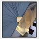 Urbanist IV Abstract Architecture Acrylic & Leather 3D Wall Art by Giant Sculptures features blue draped fabric on the left and metallic geometric shapes on the right, with a gold square overlapping both for a bold 3D effect.