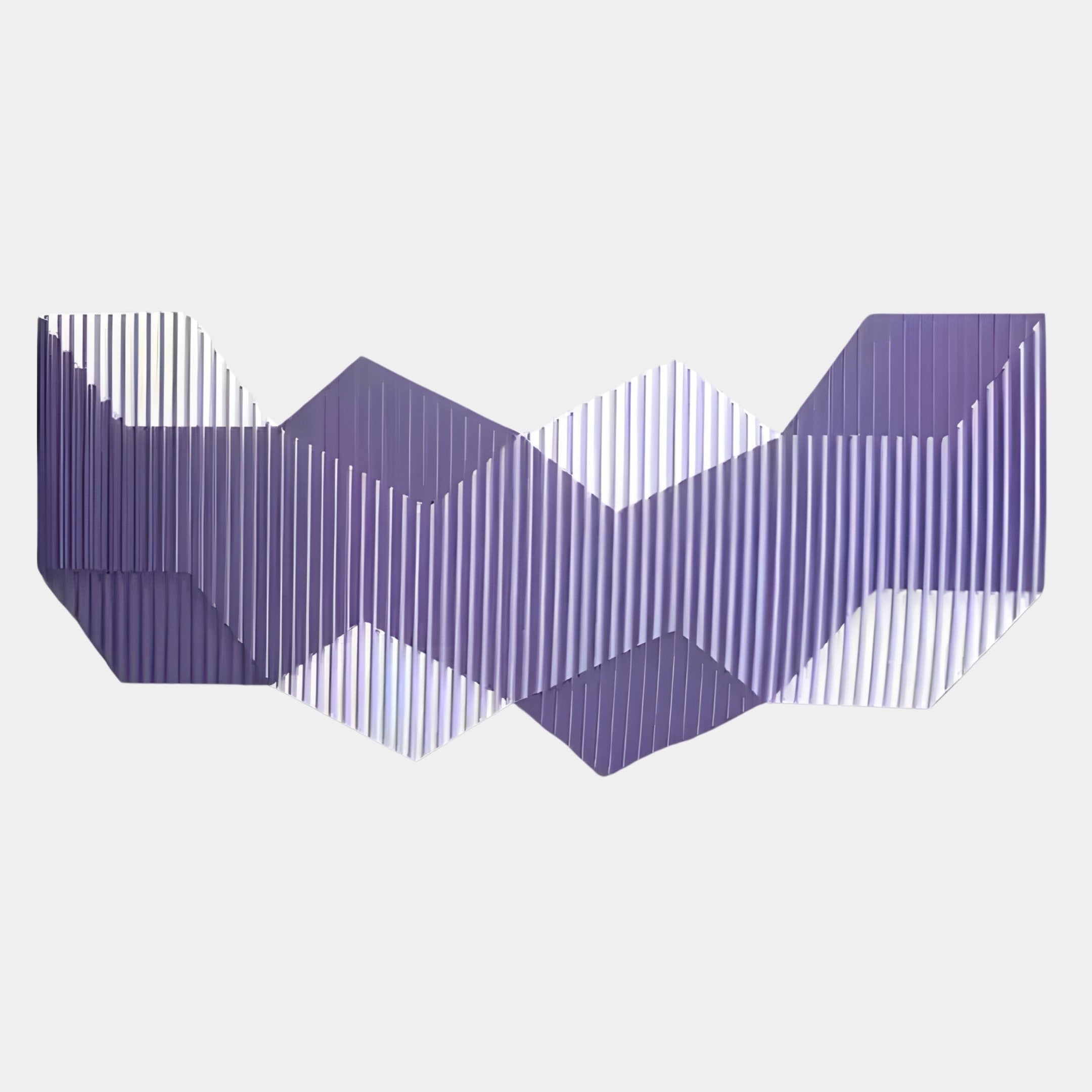 The Vertex Lavender & Soft Lilac Ridge Acrylic & Wood Carving 3D Wall Art by Giant Sculptures features geometric wave forms in purple and white, with vertical stripes adding depth—perfect for modern lavender wall decor or bold 3D art displays.
