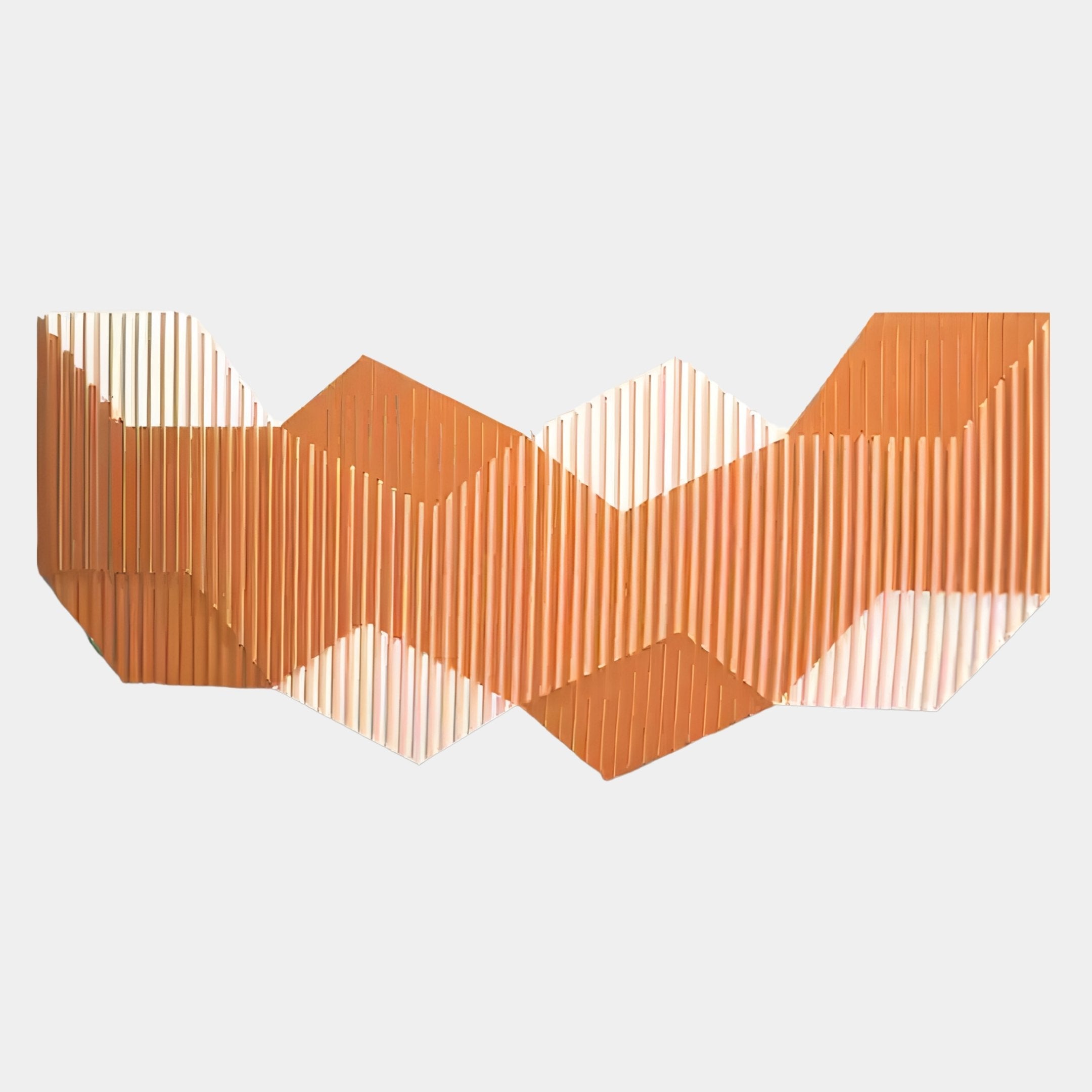 The Vertex Orange & Cream Ridge Acrylic & Wood Carving 3D Wall Art by Giant Sculptures features geometric 3D zigzag waves with alternating orange and cream-colored ridges against a plain light background.