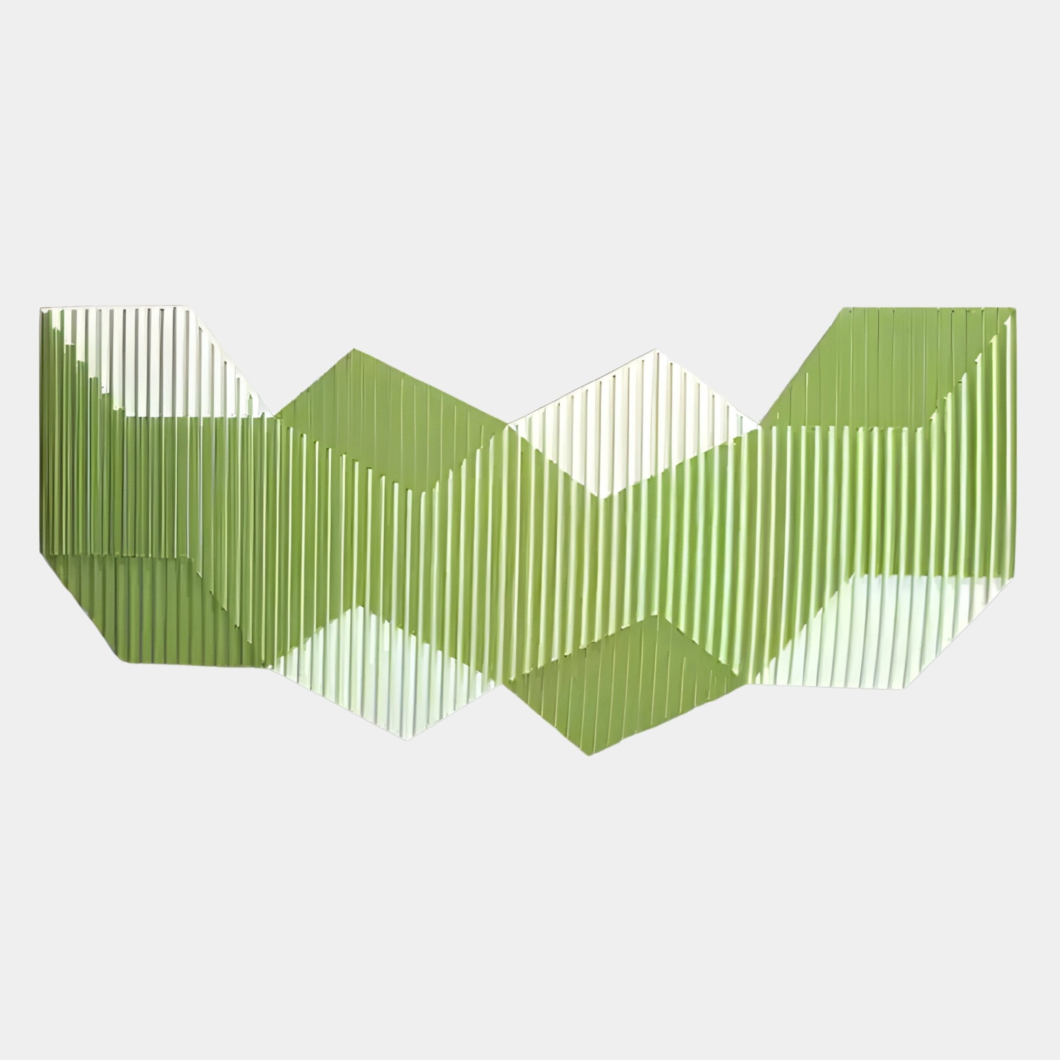 The Vertex Green & Pale Mint Ridge Acrylic & Wood Carving 3D Wall Art by Giant Sculptures features interlocking geometric shapes in green and cream, a ribbed zigzag texture, and a light gray background.