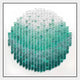 The Montava Teal Gradient Round Acrylic 3D Wall Art by Giant Sculptures features a circular grid of overlapping green and white shapes with a gradient effect, centered on white with a thin black border for modern decor.