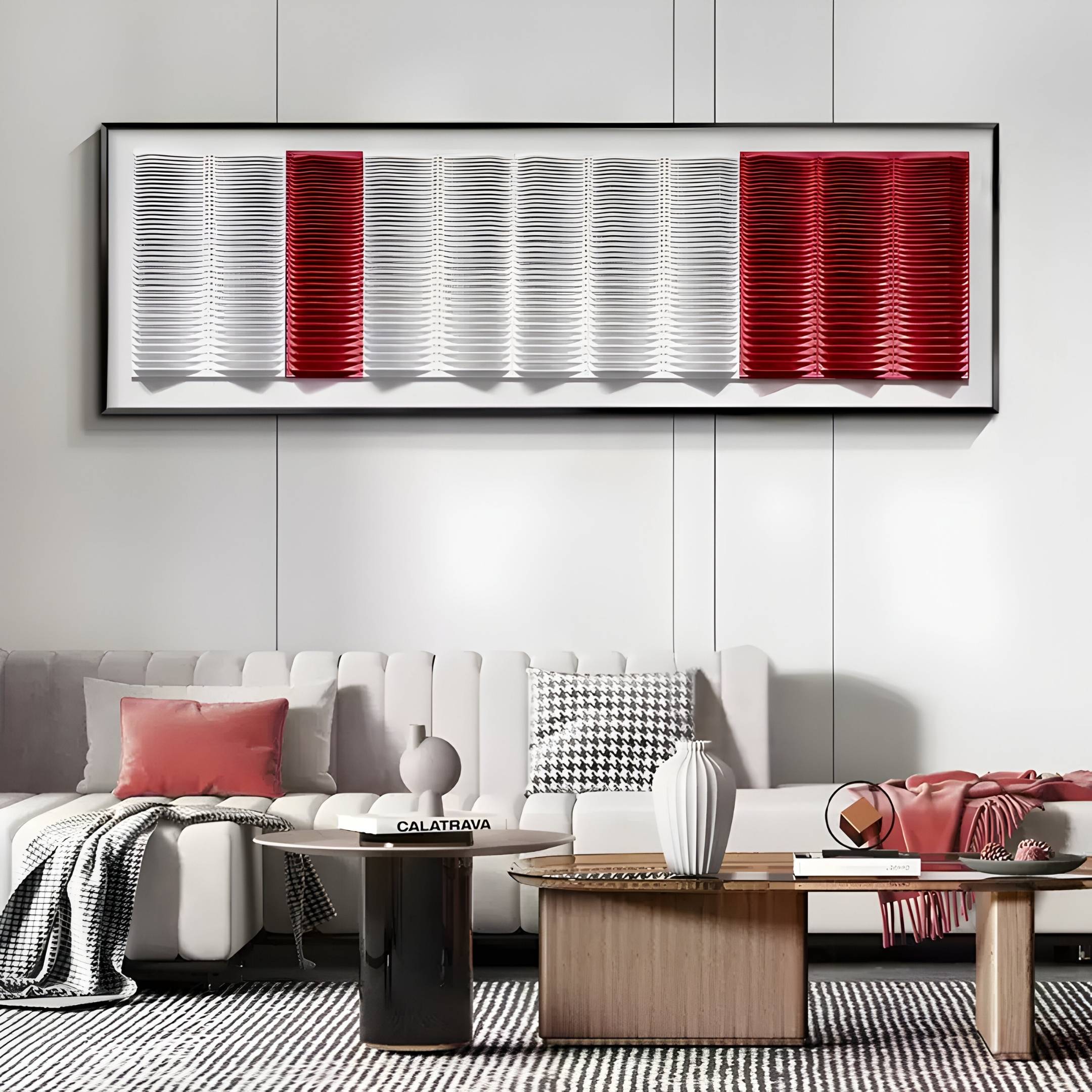 Striara White & Crimson Flow Stripe Acrylic 3D Wall Art