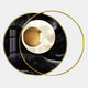 Solvata Obsidian Wave Orbit & Metal Ring 3D Wall Art by Giant Sculptures features a large black circle with a white and gold textured center, two thin gold rings, and a window reflection on the left—ideal for modern interiors.