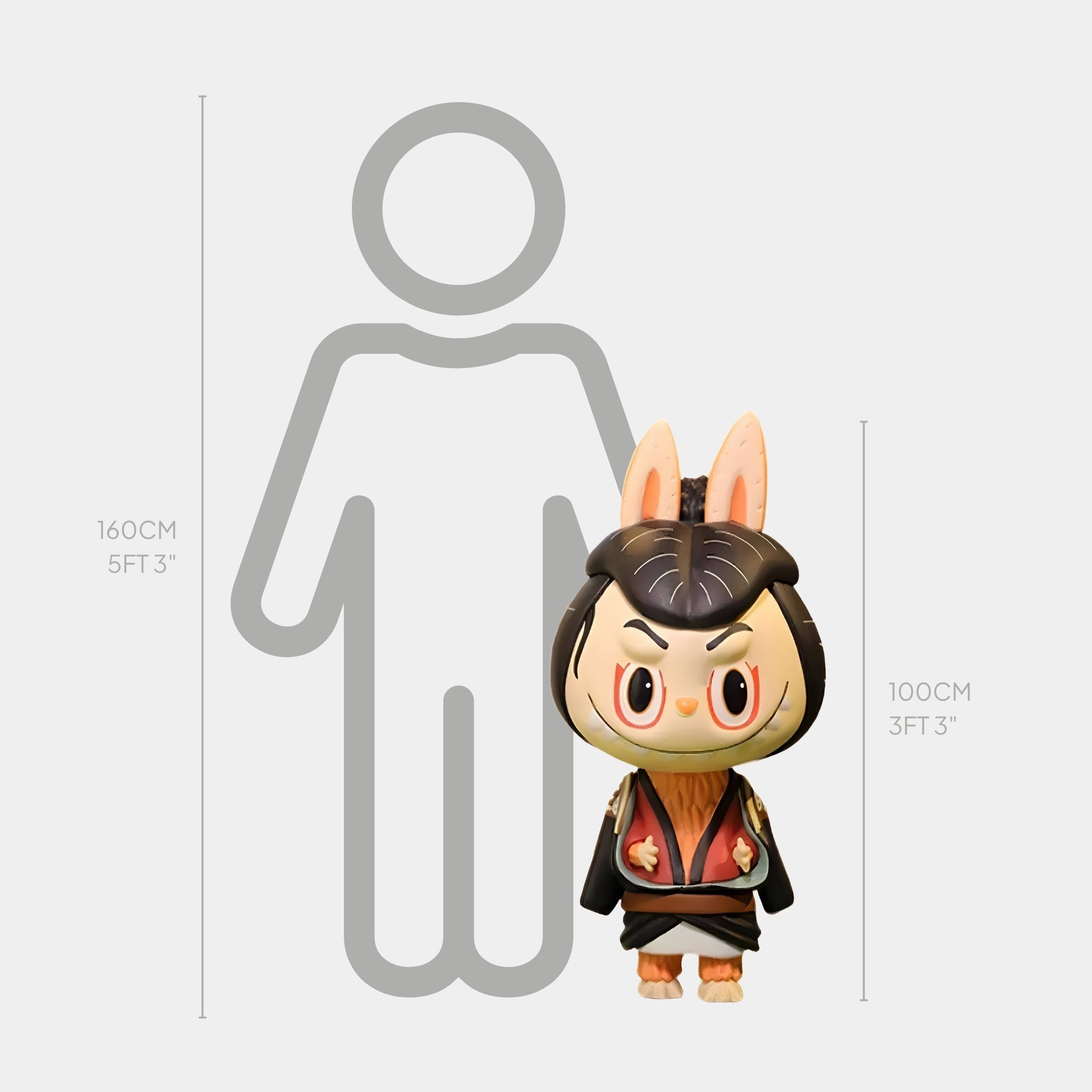 The Art History Samurai Warrior Labubu Sculpture by Giant Sculptures stands 100 cm tall and is shown beside a 160 cm human outline for size comparison.