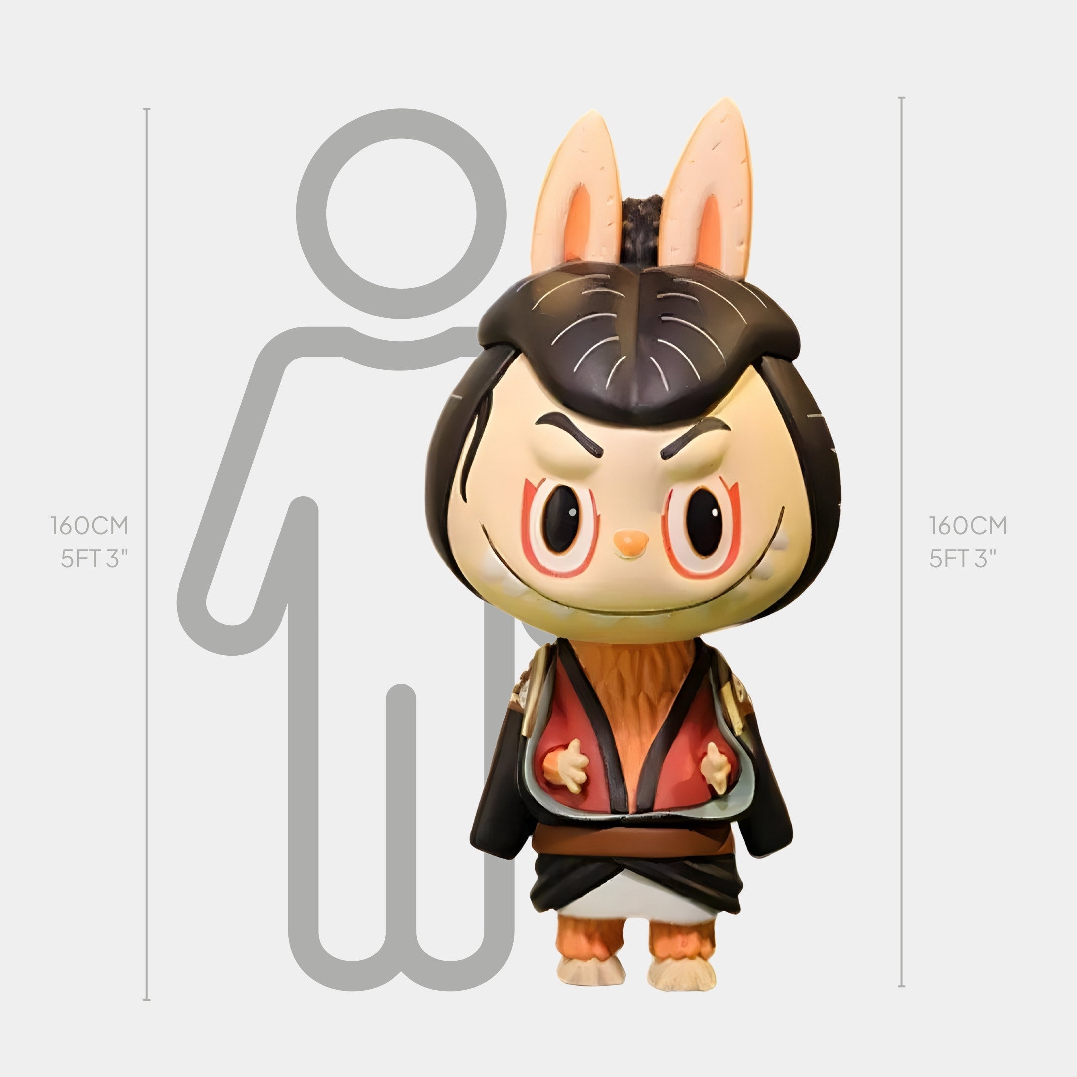 The Giant Sculptures Art History Samurai Warrior Labubu Sculpture stands 160 cm (5 ft 3 in) tall, shown before a human outline for scale, and features bold Japanese woodblock print-inspired design.