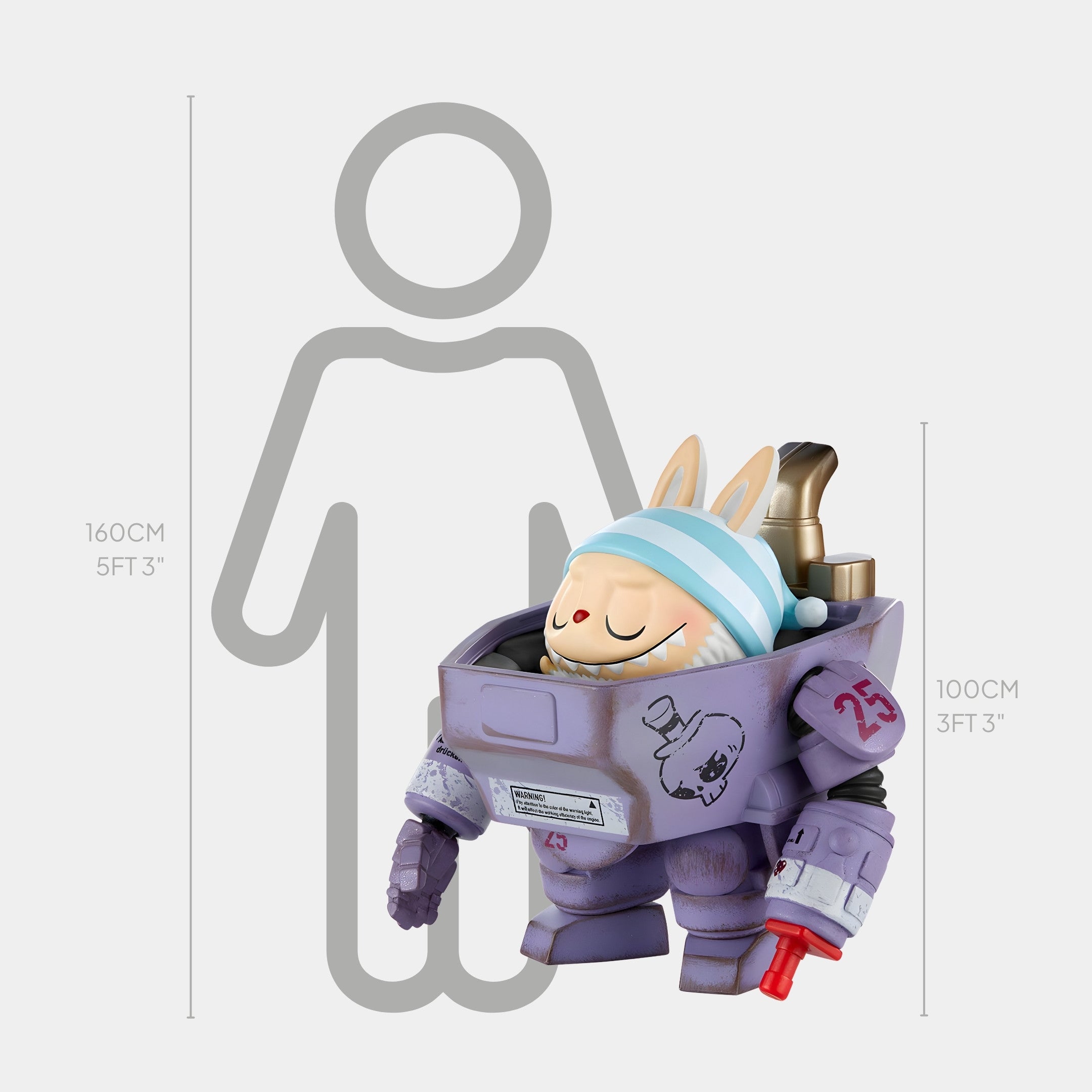 The Giant Sculptures Sleepwalker Labubu Mecha Sculpture - 100cm features a blue-headbanded rabbit in a purple robot suit with an arm cannon, shown beside a 160 cm outline for scale. This fibreglass figurine stands 100 cm tall.
