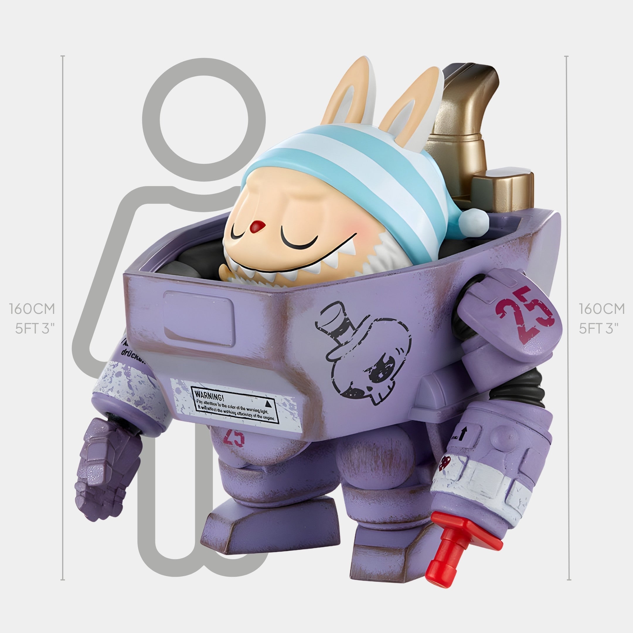 The Sleepwalker Labubu Mecha Sculpture - 160cm by Giant Sculptures features a cartoon bunny in a striped nightcap inside a large purple mecha with a red arm and graffiti, perfect for pop culture lounges.