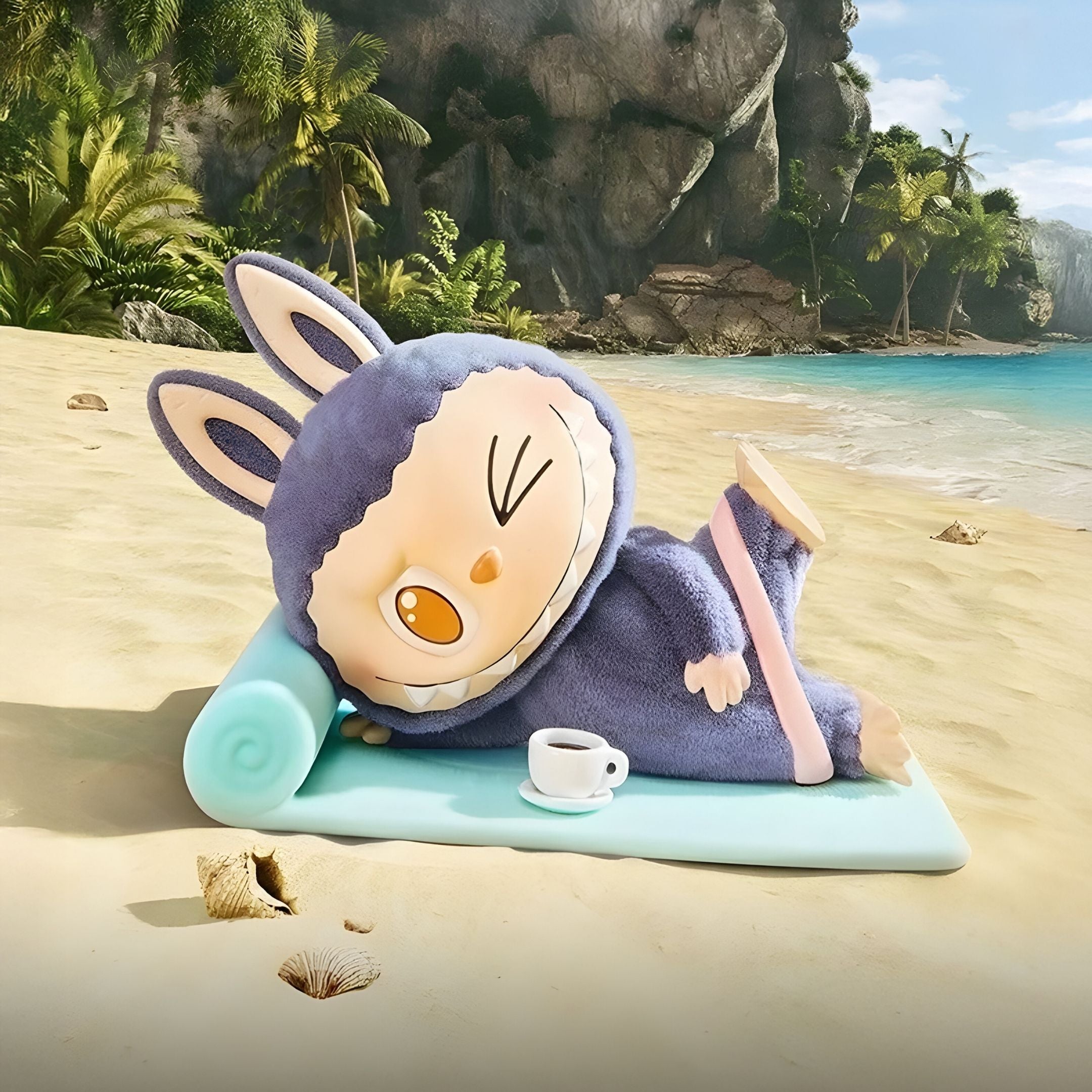 The 160cm Lazy Yoga Americano Labubu Sculpture by Giant Sculptures features Labubu in a fuzzy bunny suit resting on a blue mat, winking and smiling with coffee nearby, set against sandy beach, palm trees, cliffs, and a bright sky.