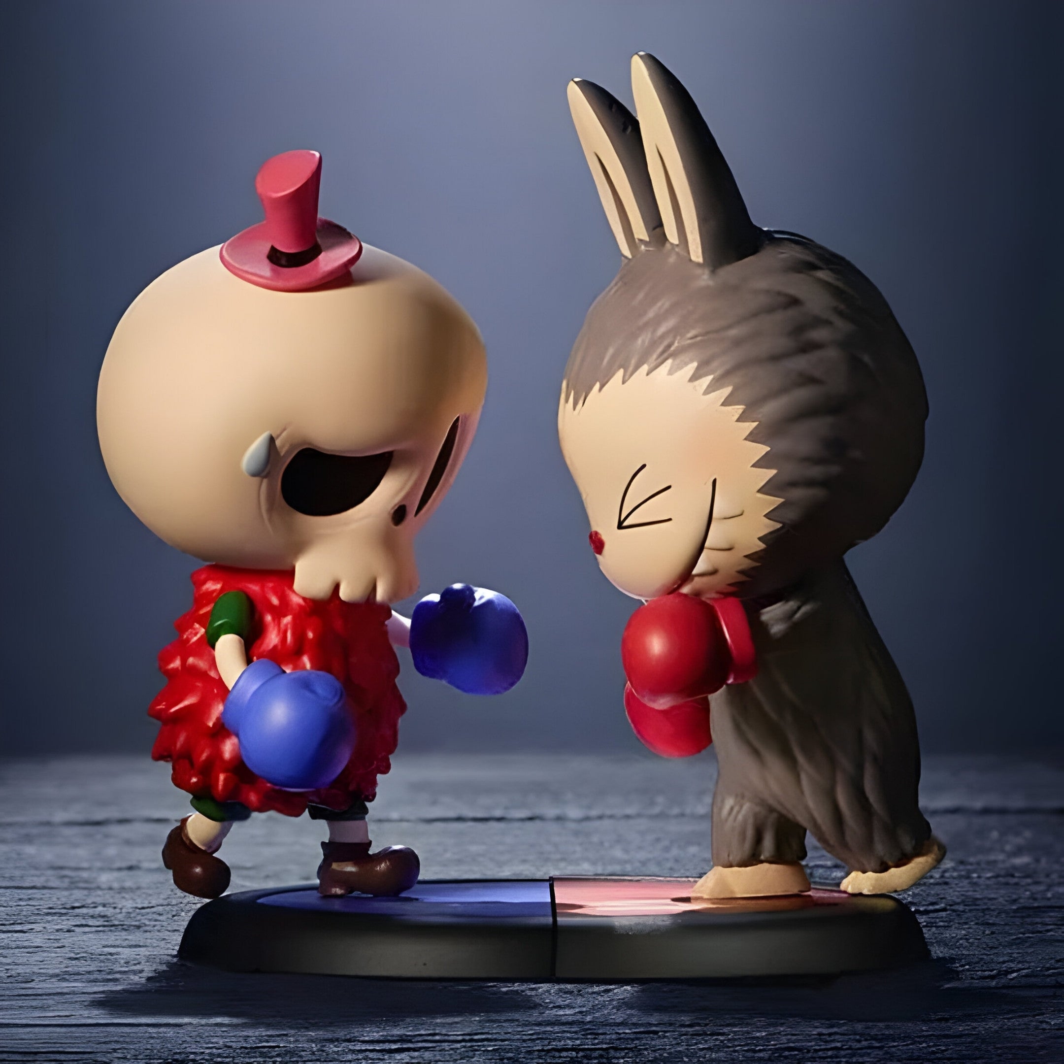 The Giant Sculptures Spooky Buddies Boxing Match Labubu Sculpture (100cm) features a red skeleton with a blue glove and tear facing a smiling bunny-costumed animal with red gloves, both on a split-colored base.