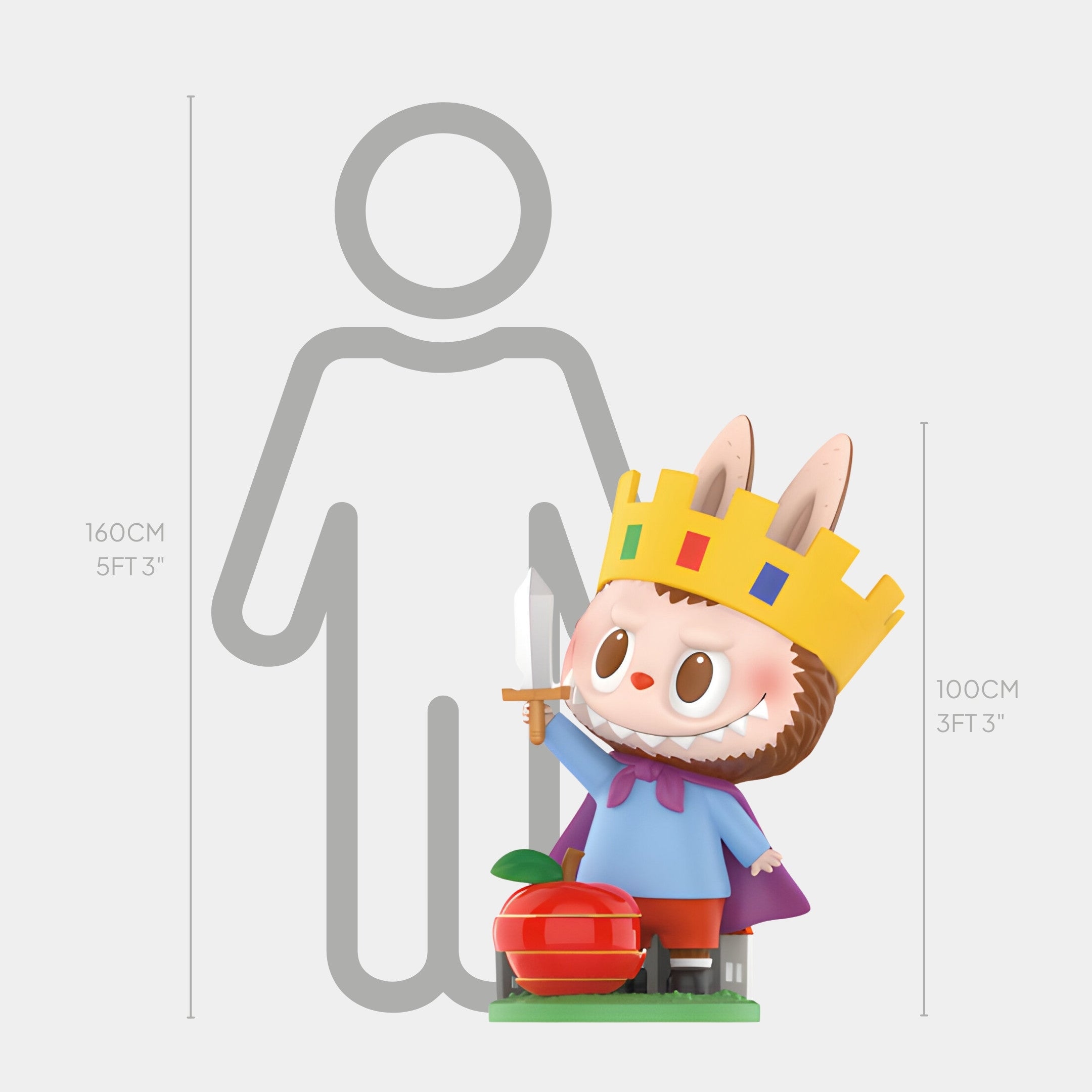 The Apple Fruit Labubu Sculpture - 100cm by Giant Sculptures features a crowned, caped cartoon animal with a sword next to a big red apple and height chart—an adorable fibreglass decor piece for your home.