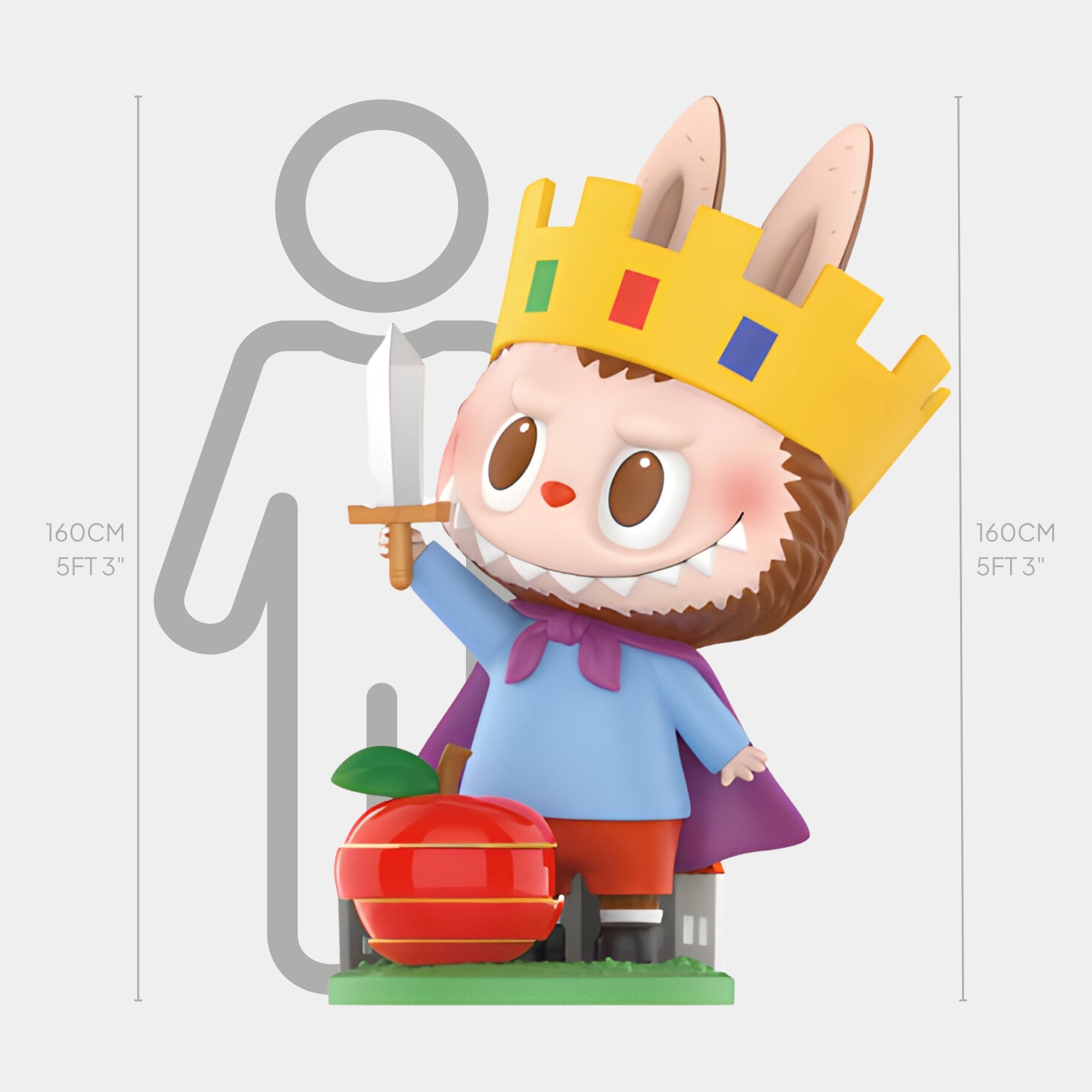 The Apple Fruit Labubu Sculpture - 160cm by Giant Sculptures features Labubu with a yellow crown, purple cape, and sword standing by a large red apple. Hand-painted details and a height chart beside a gray silhouette highlight its impressive size.