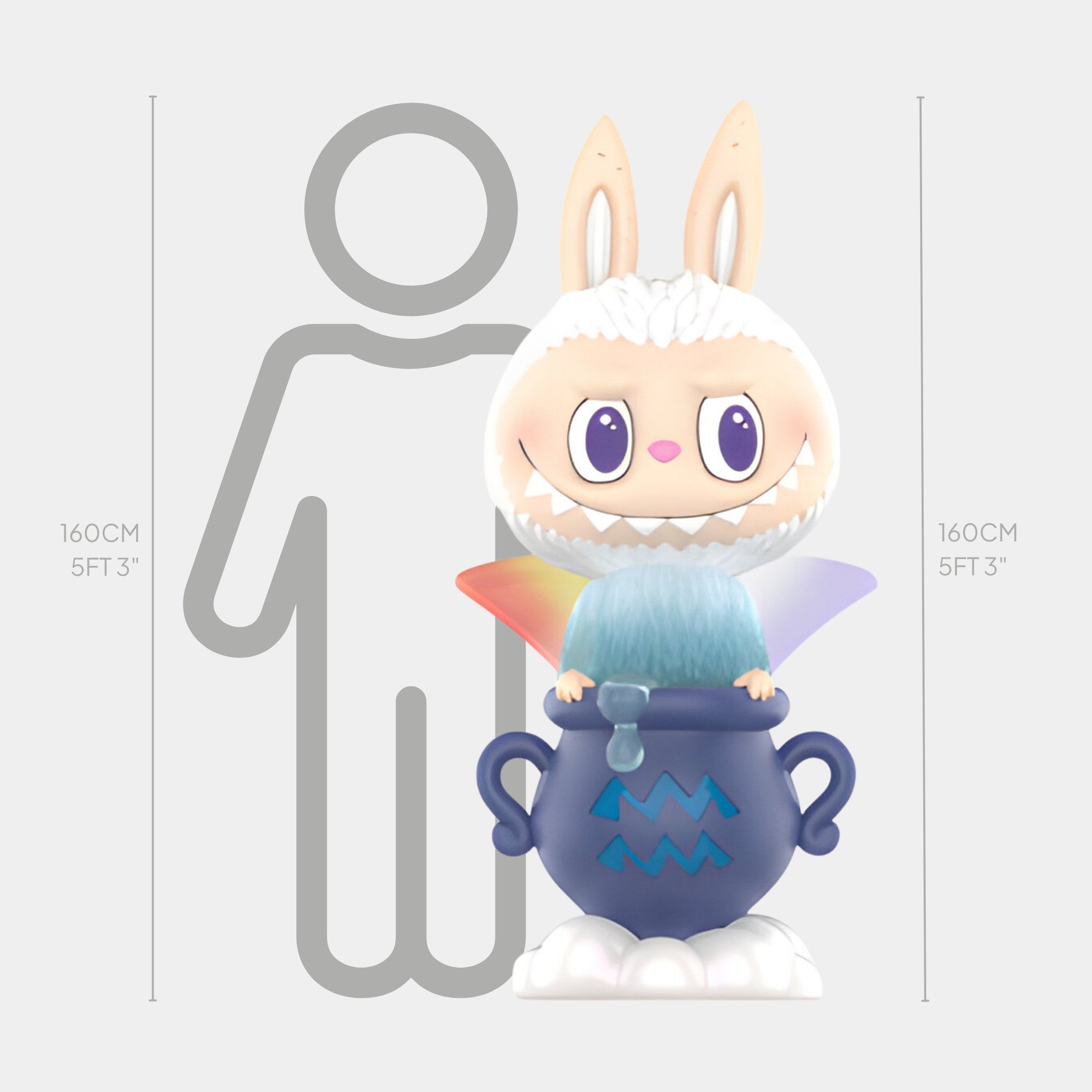 The Constellation Aquarius Labubu Sculpture by Giant Sculptures stands about 160 cm (5 ft 3 in) tall, featuring bunny ears, a furry blue collar, and rainbow wings, as shown next to a height chart and cauldron for scale.