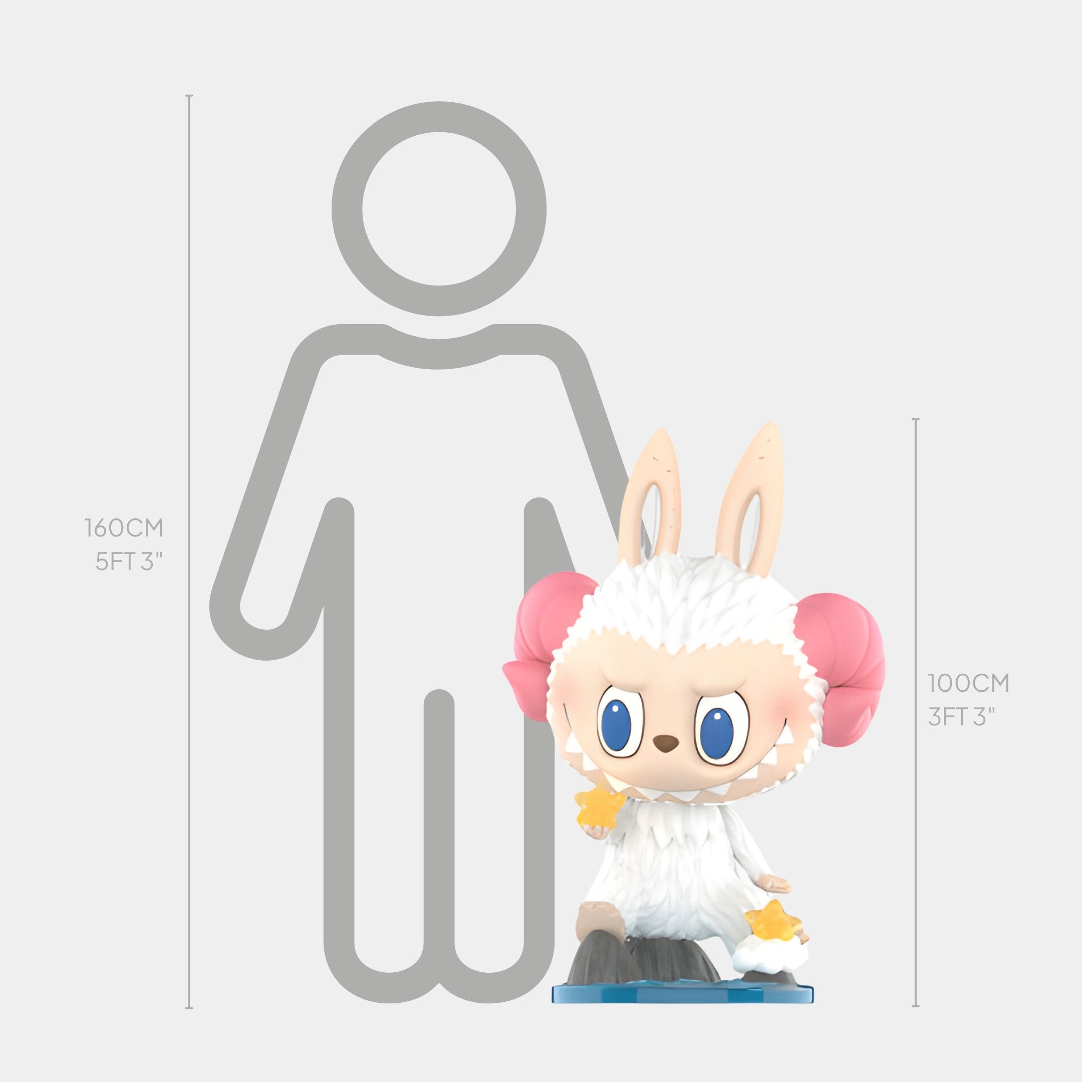 The Constellation Aries Labubu Sculpture - 100cm by Giant Sculptures, with rabbit ears, pink ram horns, and a fluffy white outfit, stands before a silhouette comparing heights of 160 cm (5 ft 3 in) and 100 cm (3 ft 3 in).