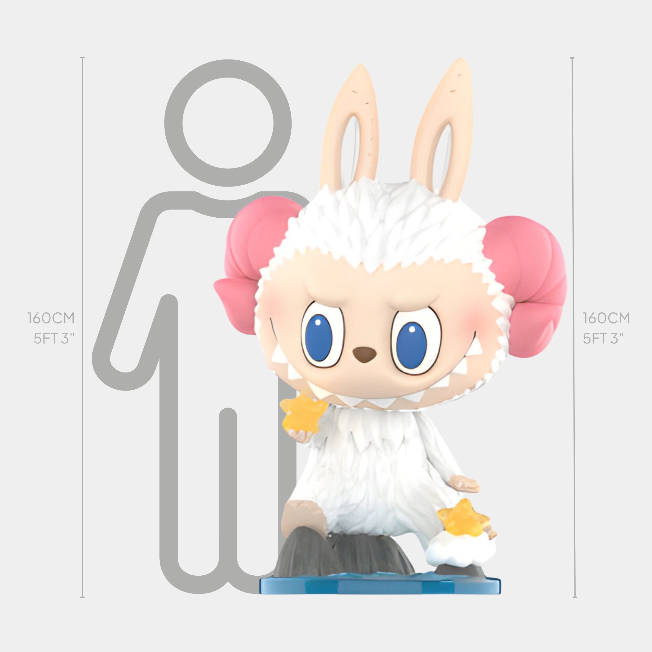 The Giant Sculptures Constellation Aries Labubu Sculpture - 160cm features a whimsical, sheep-like chibi character with big blue eyes, pink horns, white fur, and sparkling golden resin stars on its fibreglass figure beside a human height chart.