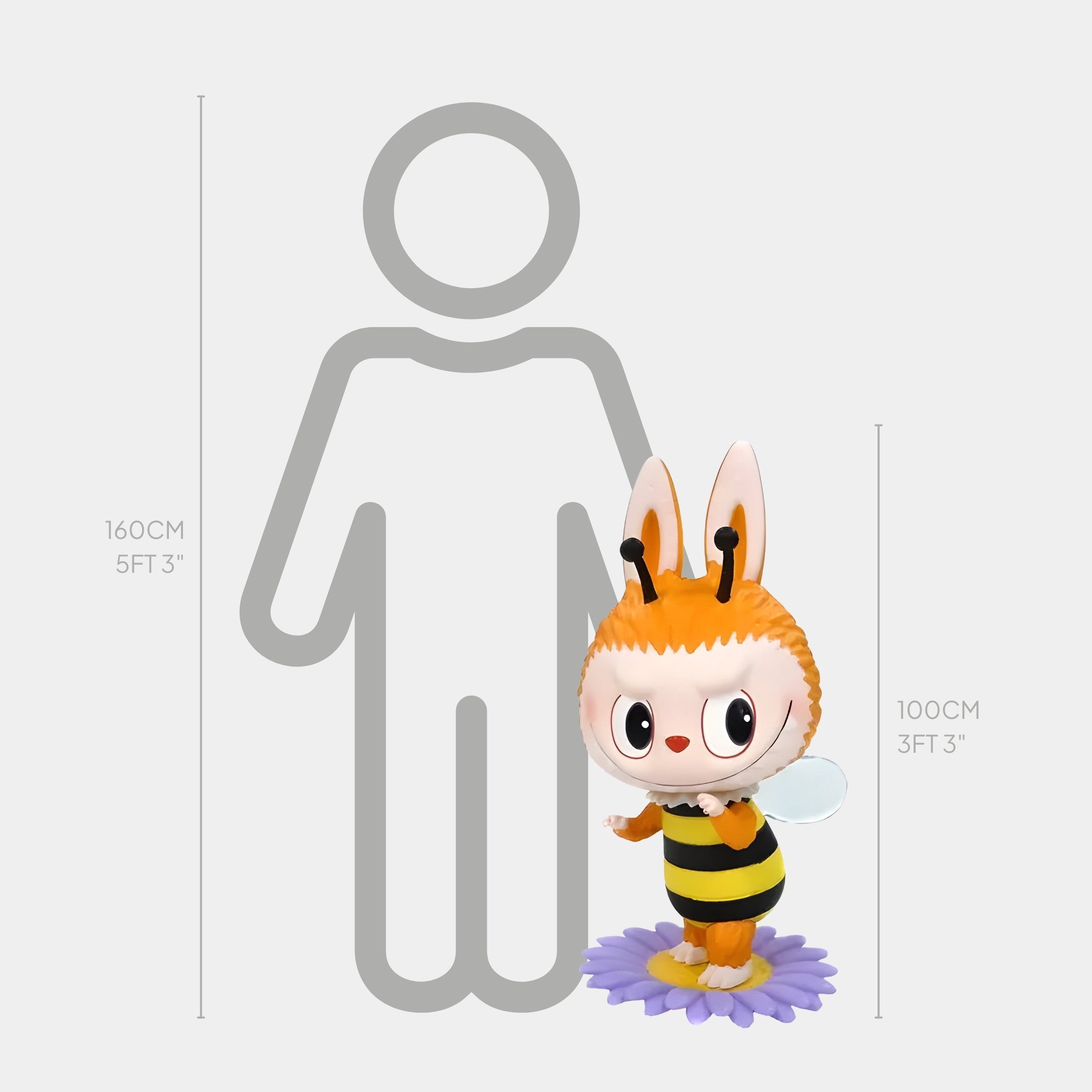 The Flower Elves Aster Bumble Labubu Sculpture by Giant Sculptures is a 100cm high-quality fibreglass statue featuring a cartoon bee character with rabbit ears on a purple flower, shown next to a 160cm human silhouette for scale.