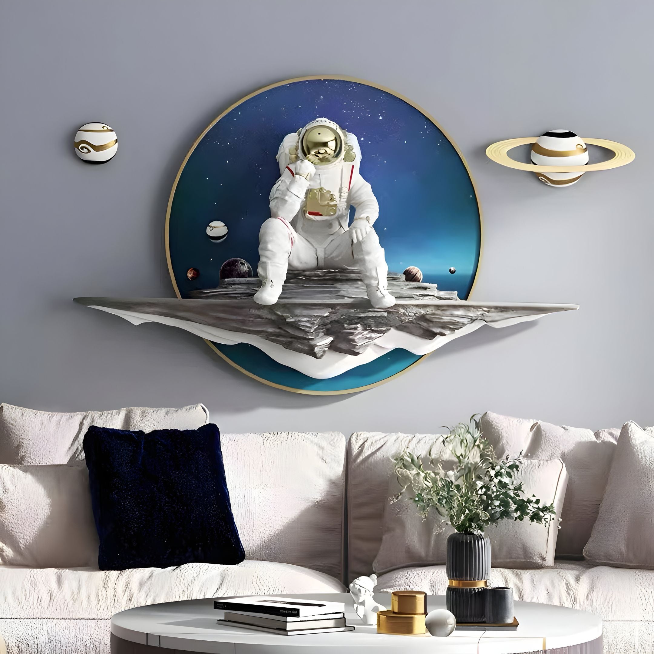 White 3D Galaxy Astronaut Thinker Round Wall Art