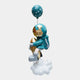 The Galactic Blue Astronaut Rocket Lift-Off Balloon Sculpture by Giant Sculptures is a 95cm teal and gold resin figure on a white cloud, holding a rocket with a teal balloon above its gold-helmeted, gold-backpacked suit.