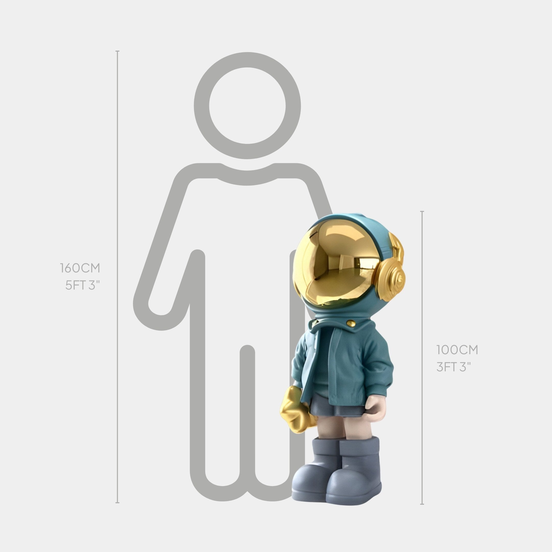 The Galactic Blue Astronaut Beats Sculpture by Giant Sculptures stands 100 cm tall, features a gold helmet and blue outfit with a gold object, and wears large boots. A gray silhouette labeled 160 cm is included for height comparison, perfectly emphasizing its space-inspired design.