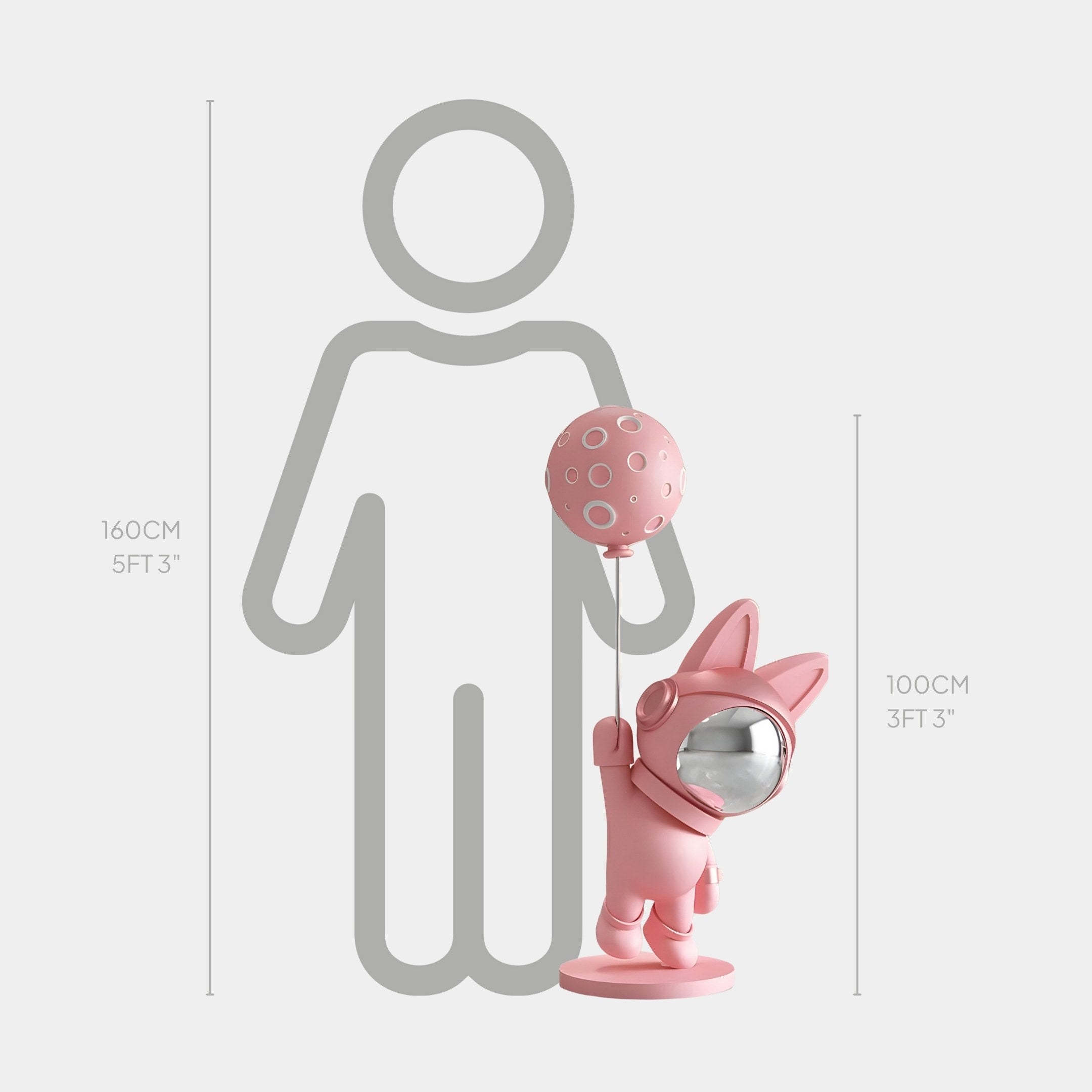 The Candy Pink Astronaut Bunny Moon Balloon Sculpture by Giant Sculptures features an astronaut bunny holding a spotted moon balloon, standing 100 cm tall, with a grey outline of a 160 cm human figure for scale.