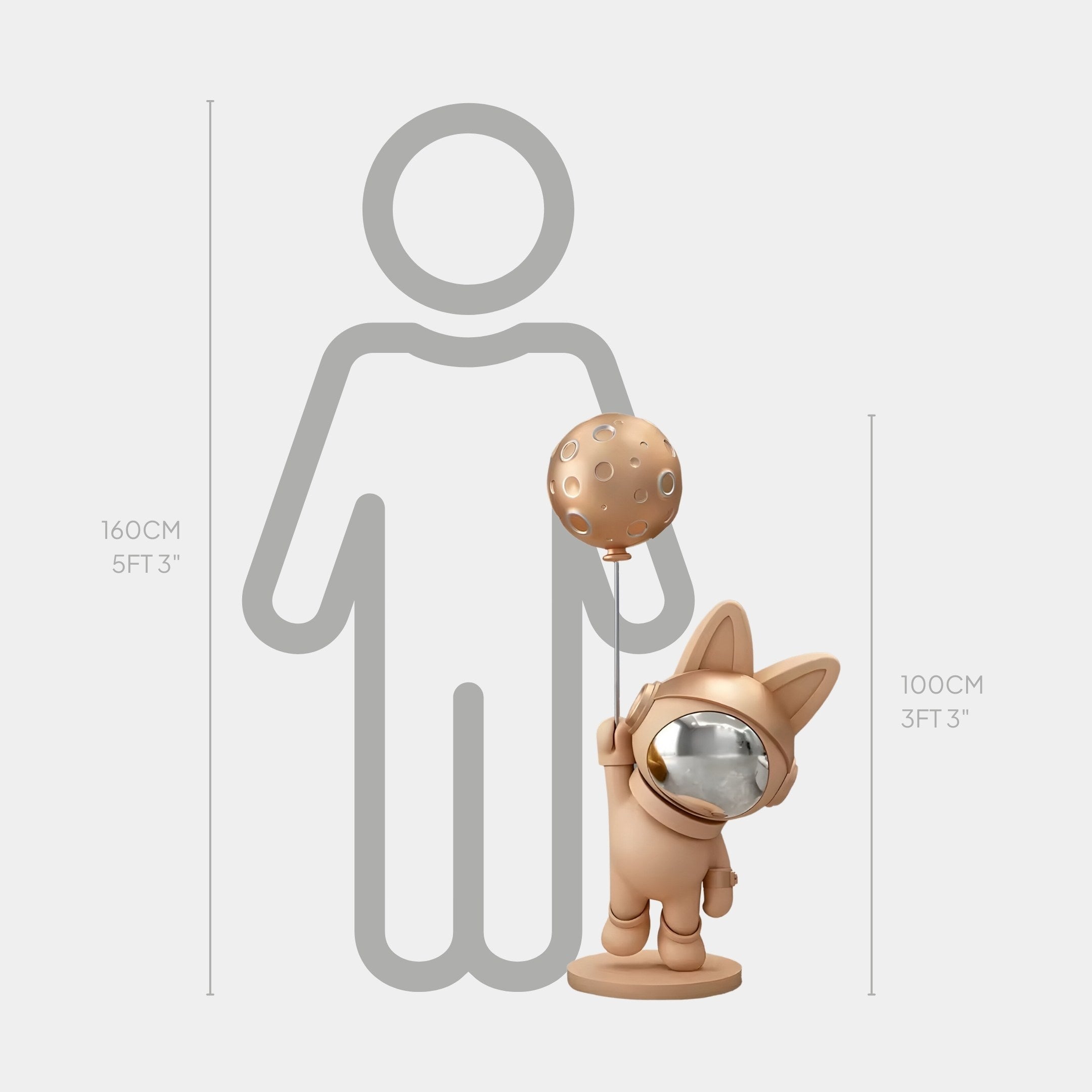 The Giant Sculptures Rose Gold Astronaut Bunny Moon Balloon Sculpture - 100cm, a small figurine with cat ears holding a rose gold moon balloon, stands next to a 160 cm (5 ft 3 in) silhouette illustration of a person.