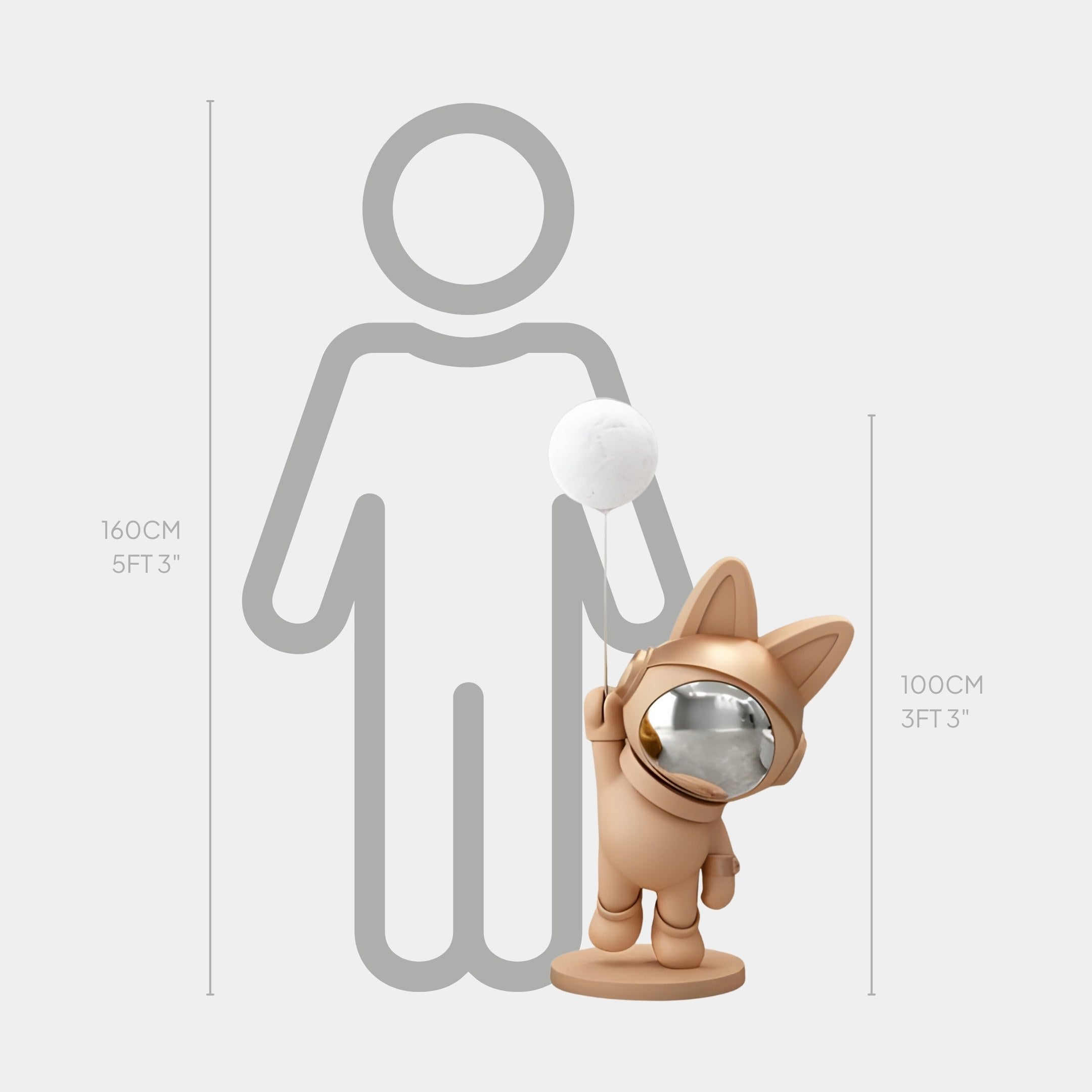 An illustration compares heights: a Rose Gold Astronaut Bunny Glow Balloon Sculpture from Giant Sculptures, standing 100 cm (3 ft 3 in) tall, next to a 160 cm (5 ft 3 in) human outline.