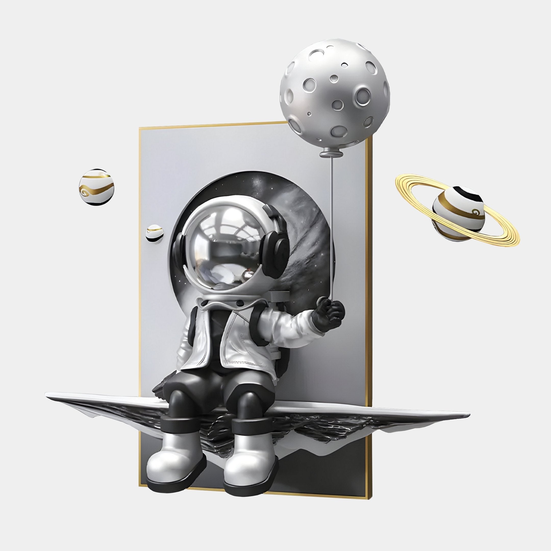 Giant Sculptures Silver Balloon Astronaut 3D Portal Wall Art features an adorable astronaut with a moon balloon amid stars and planets. The glossy backdrop in silver, black, and white deepens the cosmic theme, adding a whimsical and futuristic touch.