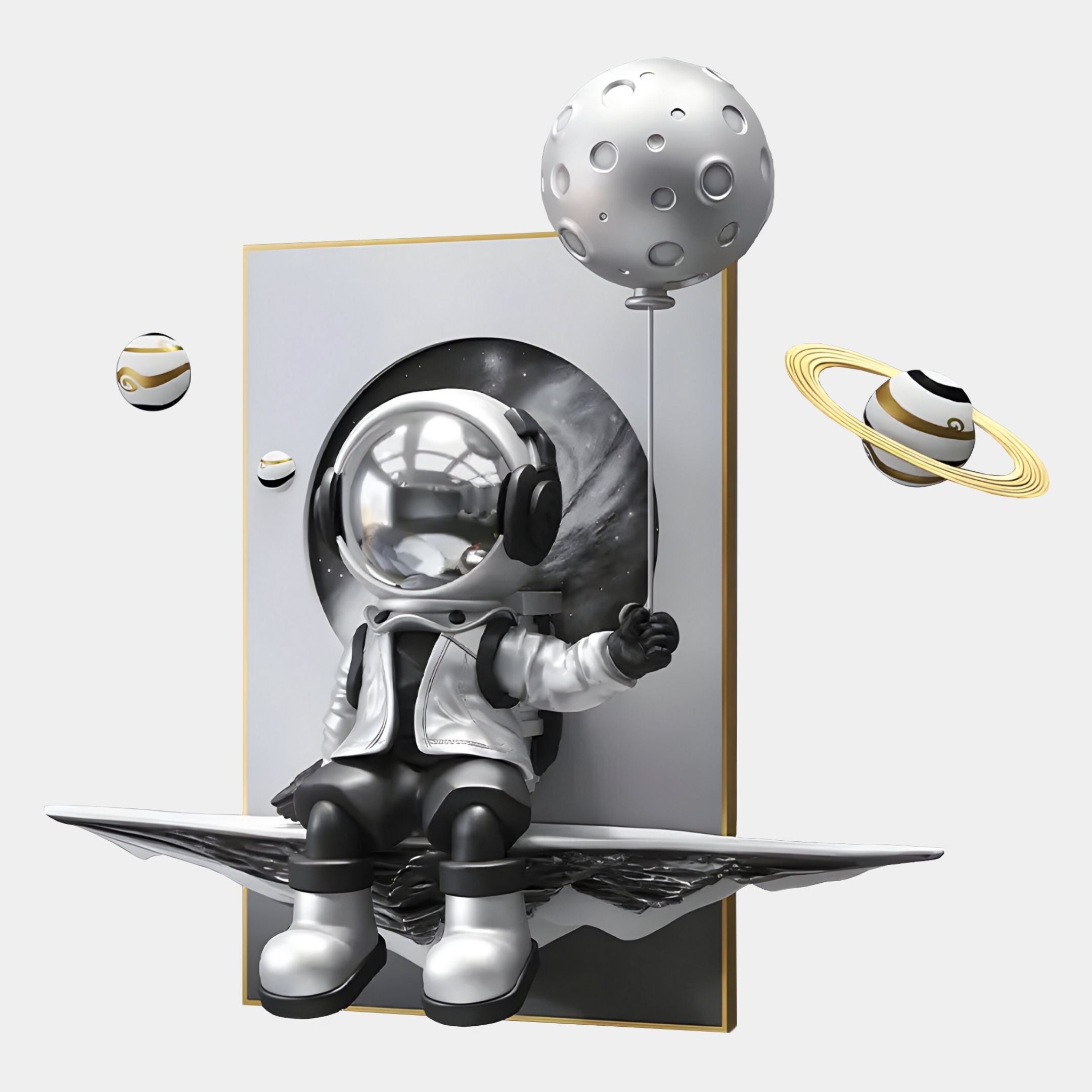 The Silver Balloon Astronaut 3D Portal Wall Art by Giant Sculptures features a silver astronaut on a floating platform with a moon balloon, surrounded by ringed planets—blending whimsy and futuristic cosmic exploration.
