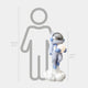 Scale comparison showing the 110cm Cosmic Sky Astronaut Glow Lift-Off Sculpture in blue resin beside a 160cm human silhouette on a light grey background.