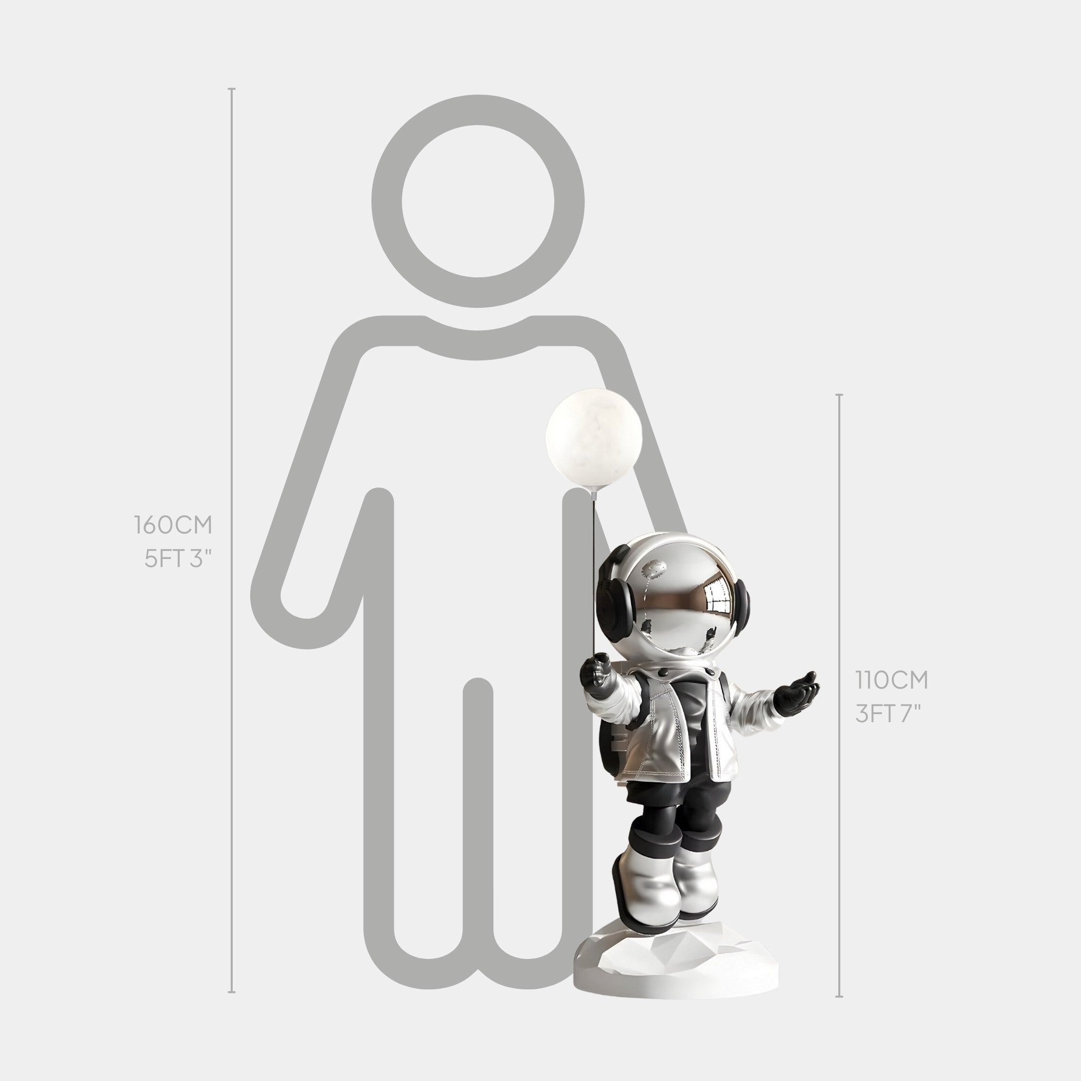 The Lunar Silver Astronaut Glow Balloon Sculpture by Giant Sculptures stands 110 cm tall next to a 160 cm silhouette, featuring an astronaut with a glowing white balloon for an ethereal ambiance.