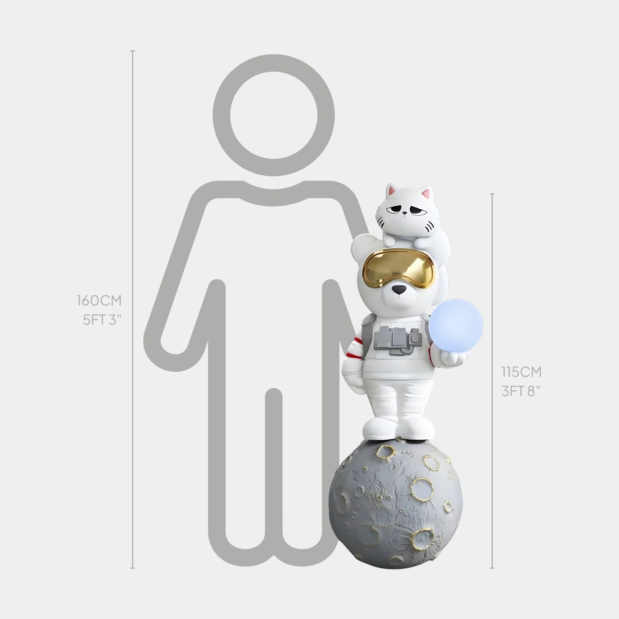 The White Astronaut CosmoPals Glow Bear Sculpture by Giant Sculptures stands 115cm tall, depicting a glow bear on a cratered moon with a golden visor and glowing sphere. A tiny cat sits atop its helmet, while an illustrated human in the background provides height comparisons at 160 cm and 115 cm.