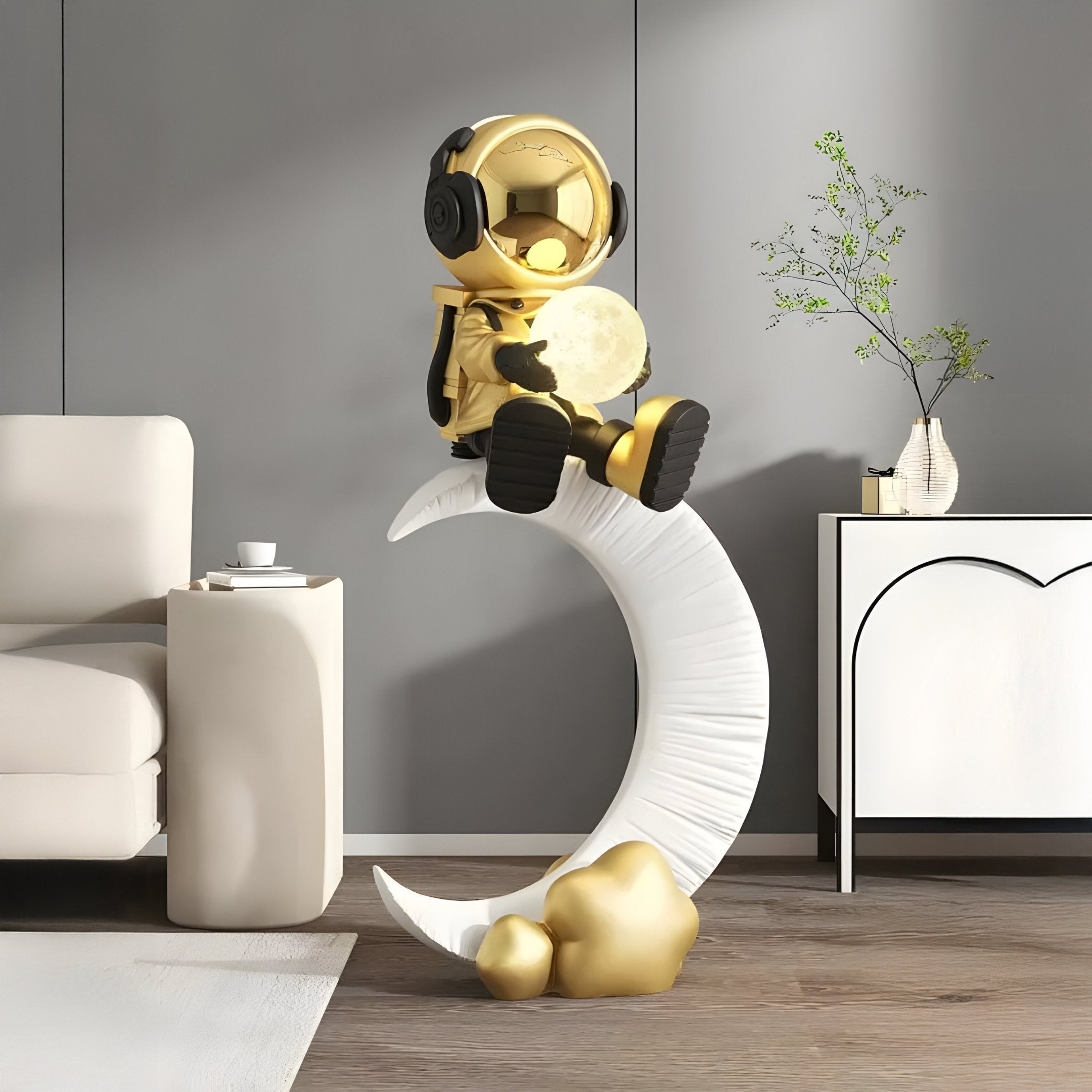 Celestial Gold Astronaut Glow Moon Crescent Sculpture - 116cm