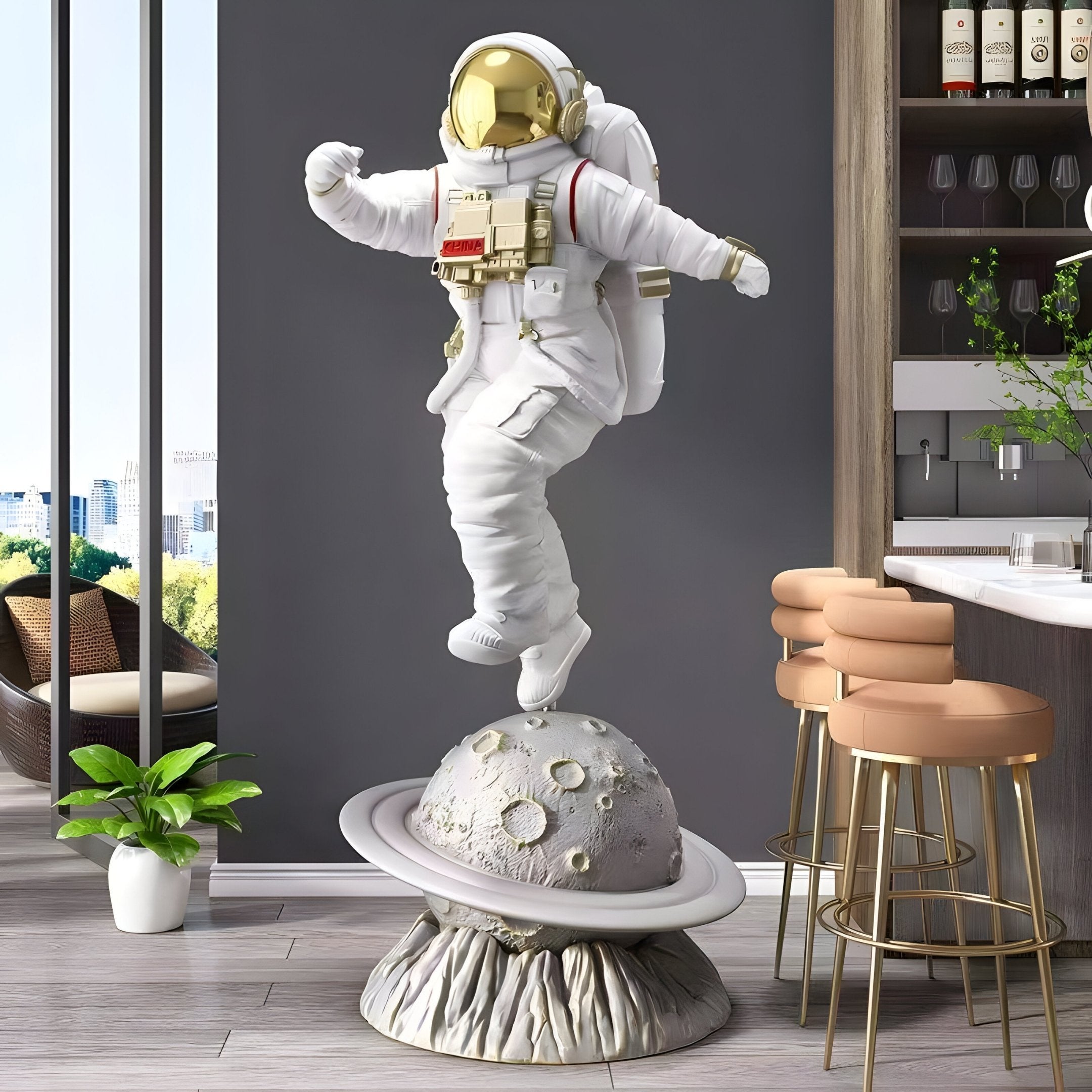 White Space Astronaut Ringed Moon Strider Sculpture - 118cm