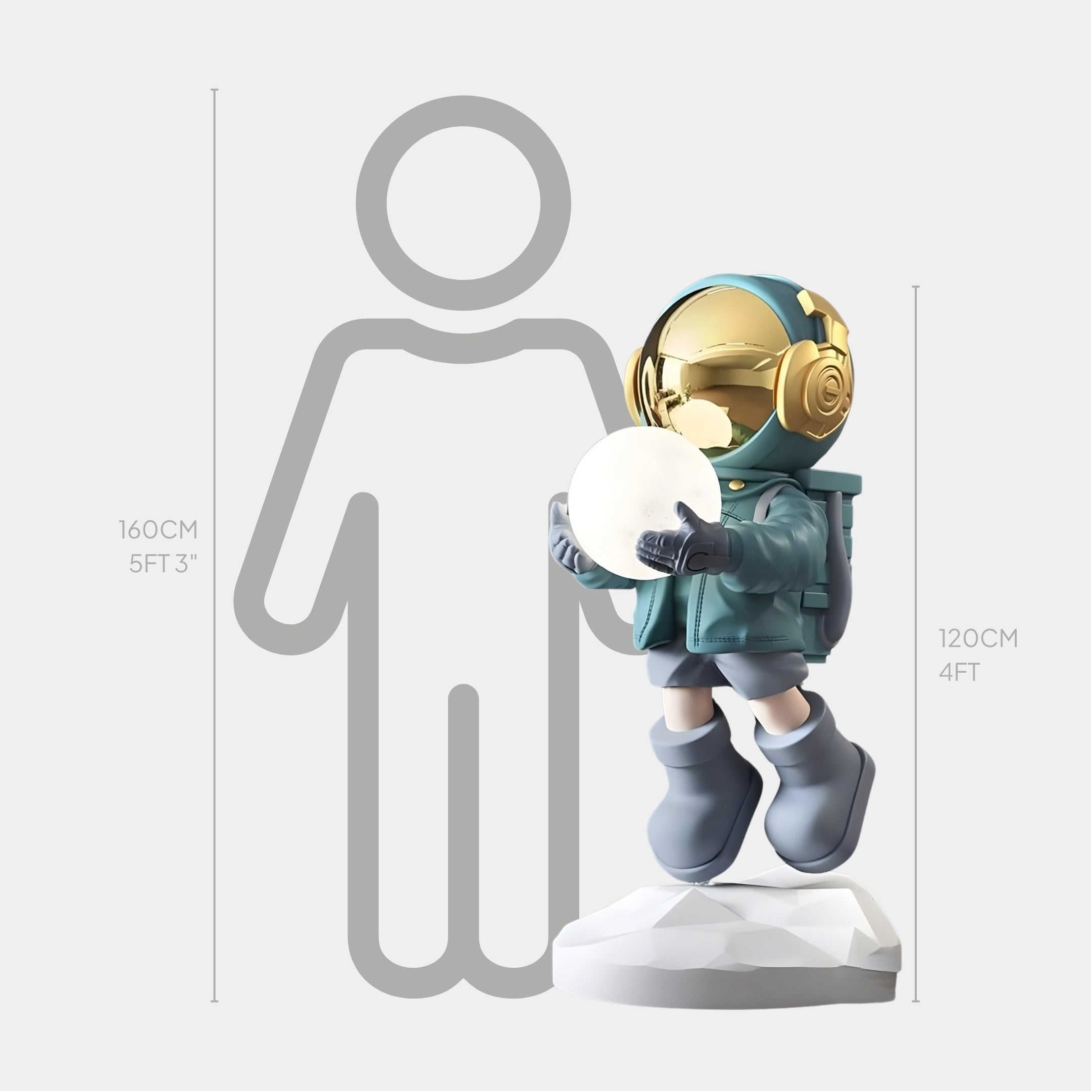 The Galactic Blue Astronaut Glow Hover Sculpture by Giant Sculptures is a 120 cm tall figure in a teal spacesuit with a gold helmet and gray boots. It holds a glowing sphere, powered by batteries, and rests on a white base. Use the touch switch to toggle the glow. Includes height comparison silhouette.