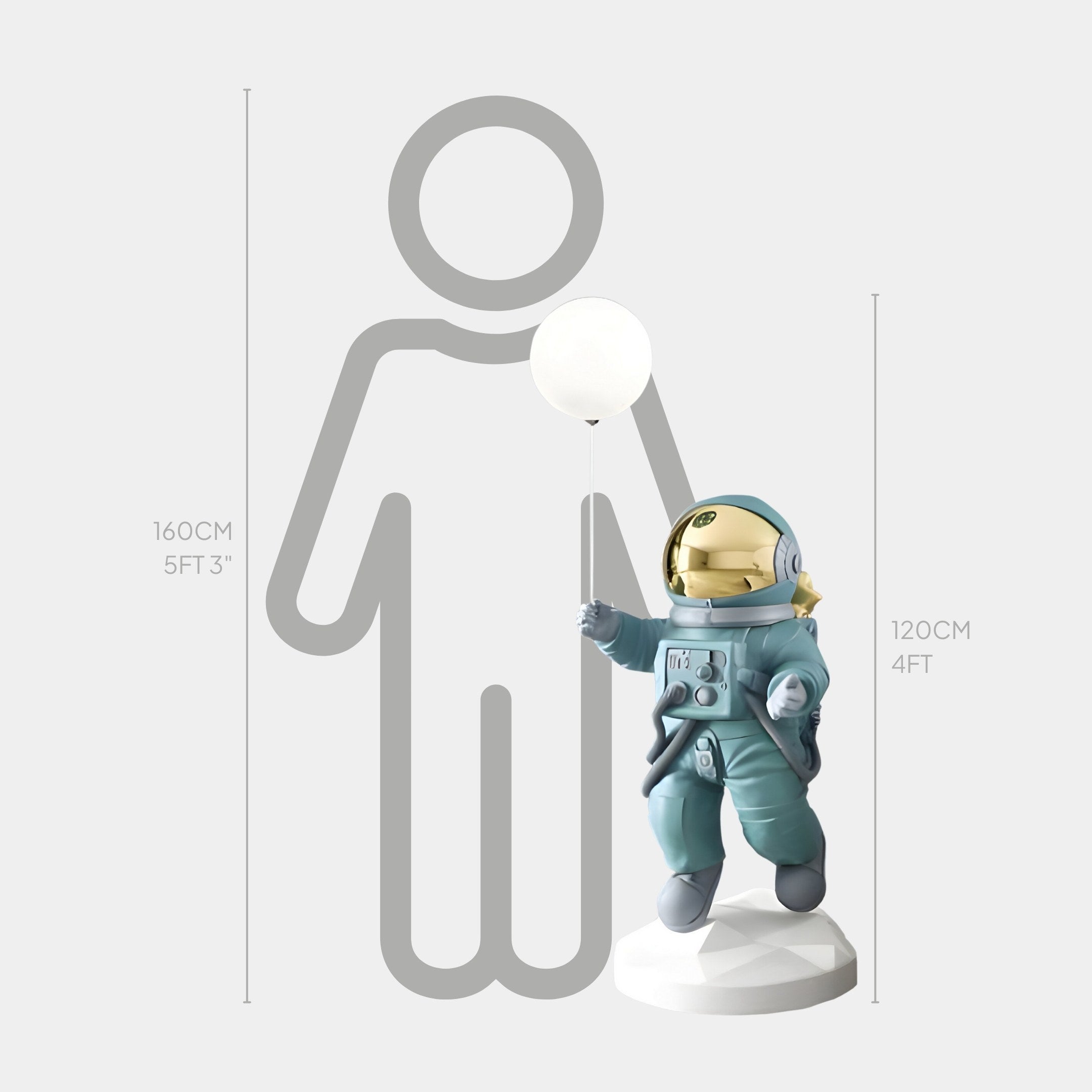 The Galactic Blue Astronaut Ranger Glow Balloon Sculpture from Giant Sculptures is a 120 cm tall figure on a white base, with an outline showing its height compared to a 160 cm person. It features an astronaut in a classic space suit and helmet.