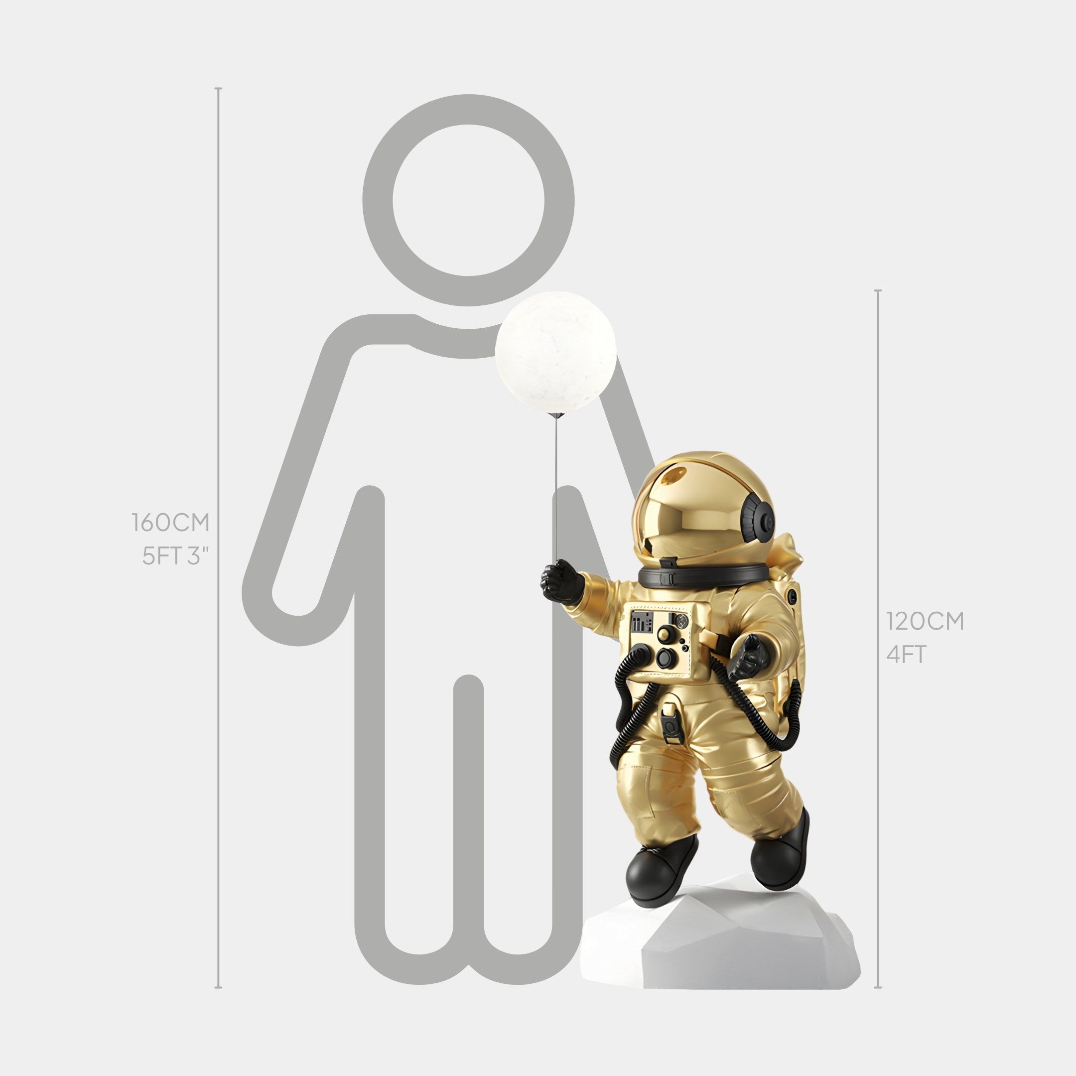 The Celestial Gold Astronaut Ranger Glow Balloon Sculpture by Giant Sculptures stands 120 cm tall on a white base, creating an enchanting scene with its cosmic silhouette against a person measuring 160 cm.