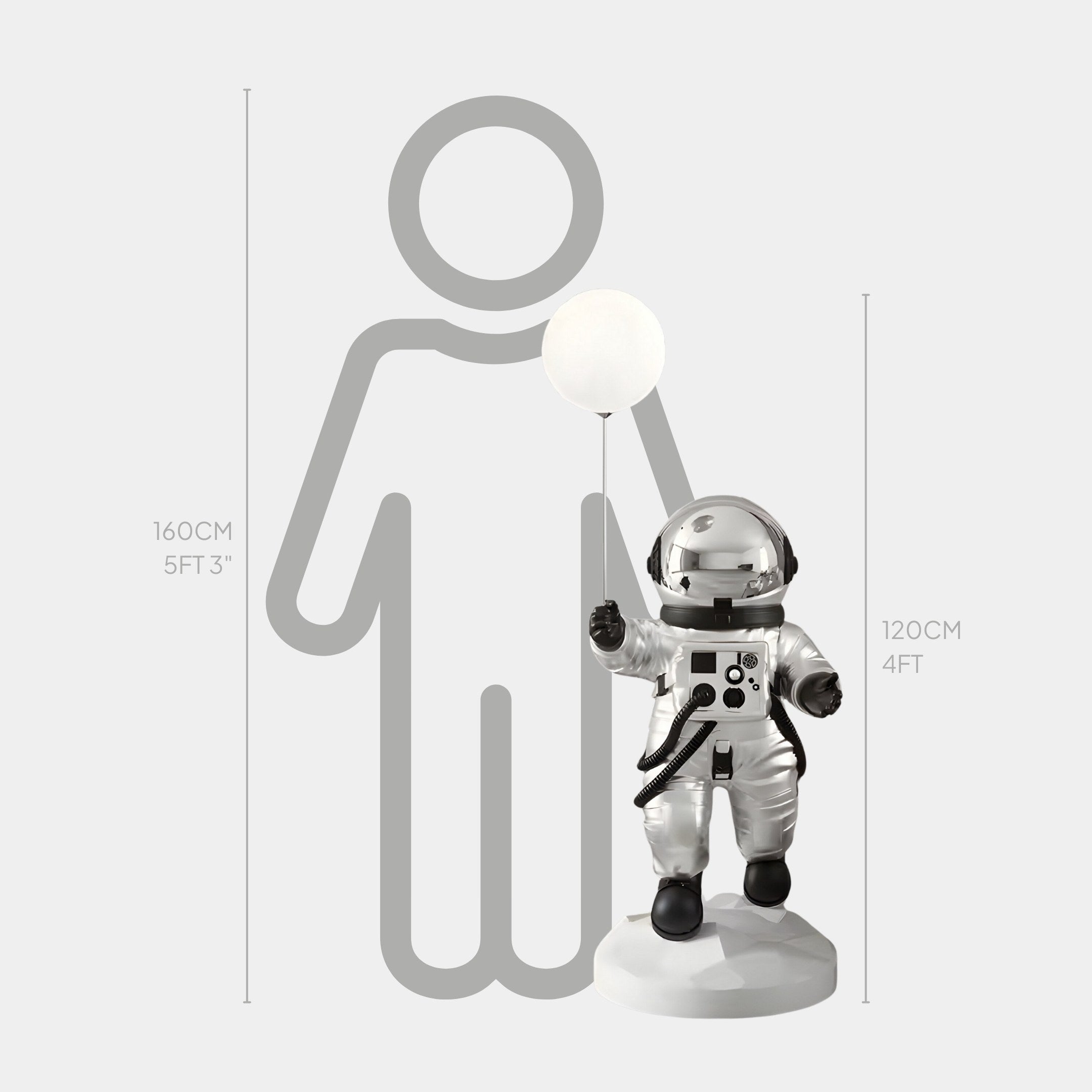 The Lunar Silver Astronaut Ranger Glow Balloon Sculpture by Giant Sculptures stands at 120 cm (4 ft) tall on a platform, with a height comparison outline showing its size beside a 160 cm (5 ft 3 in) person, making it ideal for your space-themed decor.