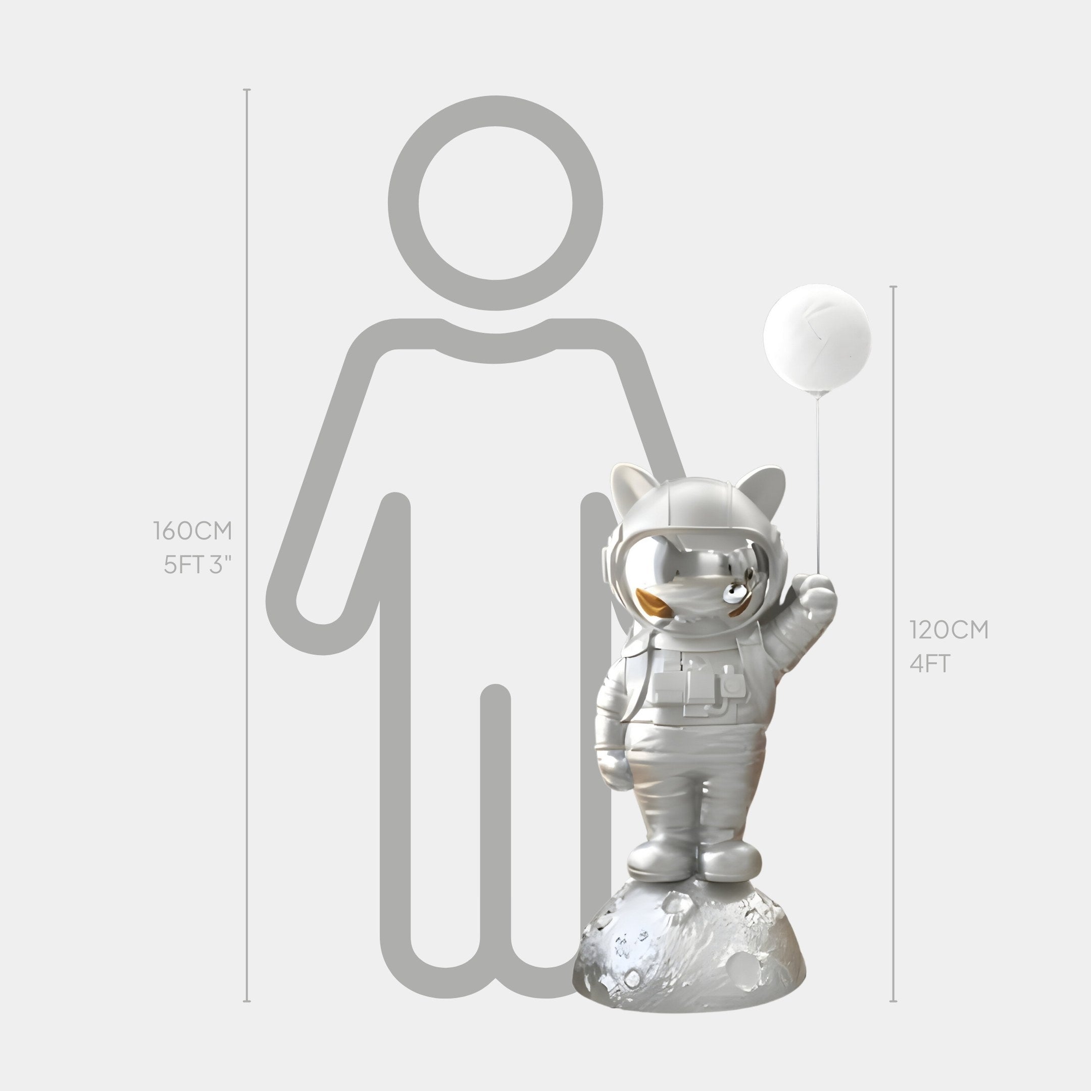 The Cosmic Chrome Astronaut Kitty Glow Balloon Sculpture by Giant Sculptures features a silver cat astronaut on a moon-like base, rising to 120 cm (4 ft). Its shown next to an outline of a 160 cm (5 ft 3 in) person for scale.