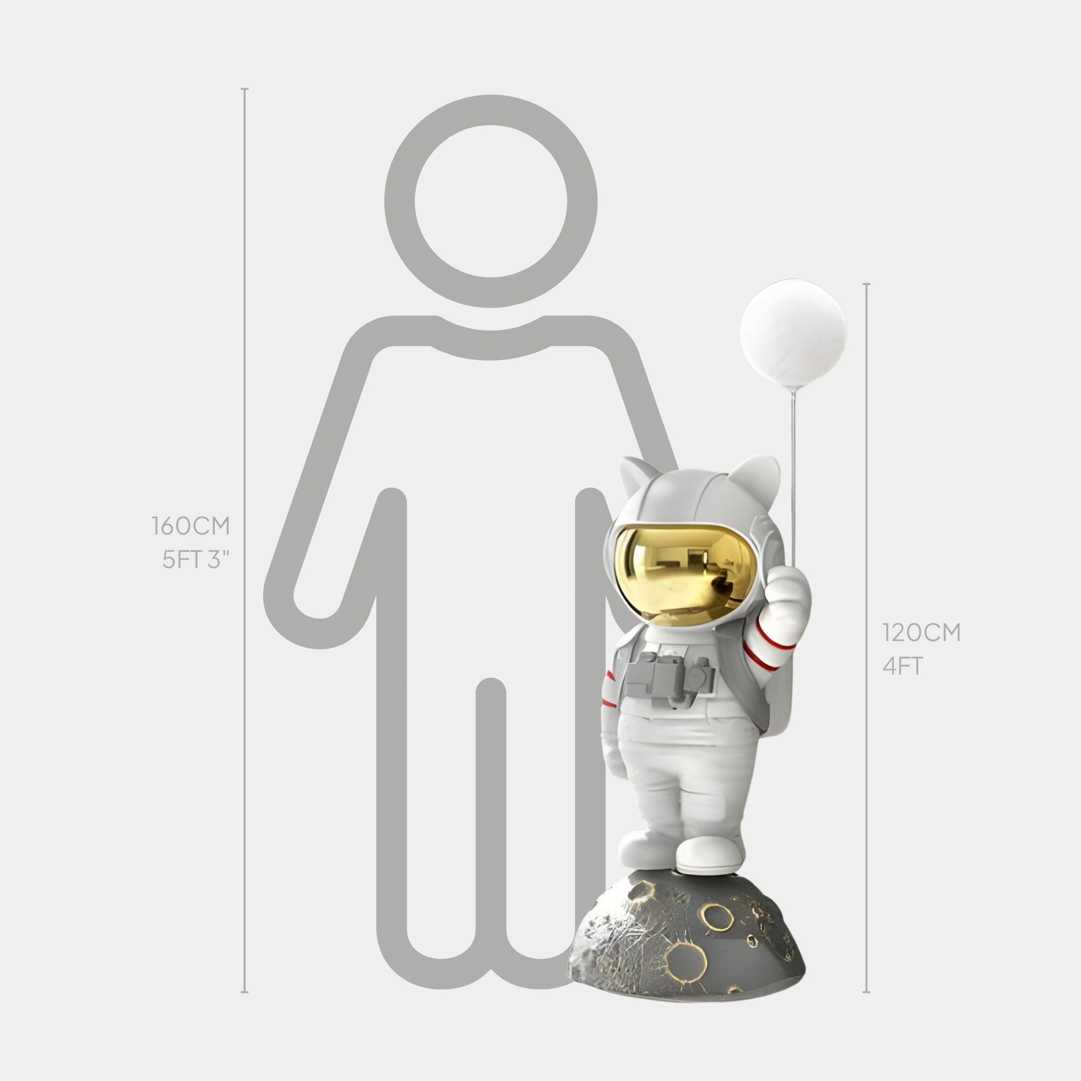 The Nova White Astronaut Kitty Glow Balloon Sculpture by Giant Sculptures stands 120 cm (4 ft) tall, featuring a cat-eared astronaut with a gold visor holding a glow balloon on a cratered base, providing interstellar whimsy. A nearby silhouette highlights its contrast to a 160 cm (5 ft 3 in) person.