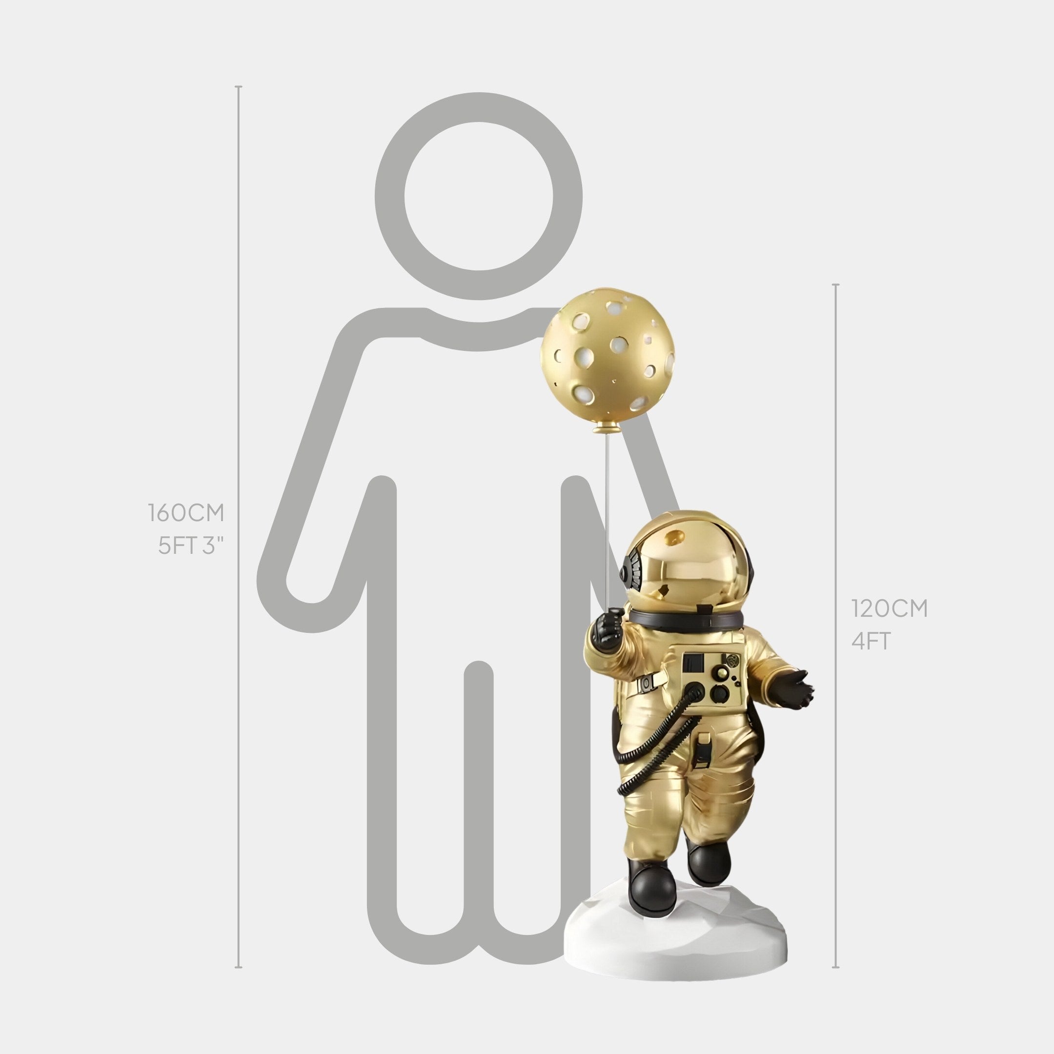 The Celestial Gold Astronaut Ranger Balloon Sculpture by Giant Sculptures features a 120cm gold-finished astronaut with a celestial balloon, standing beside a 160cm silhouette of a person.