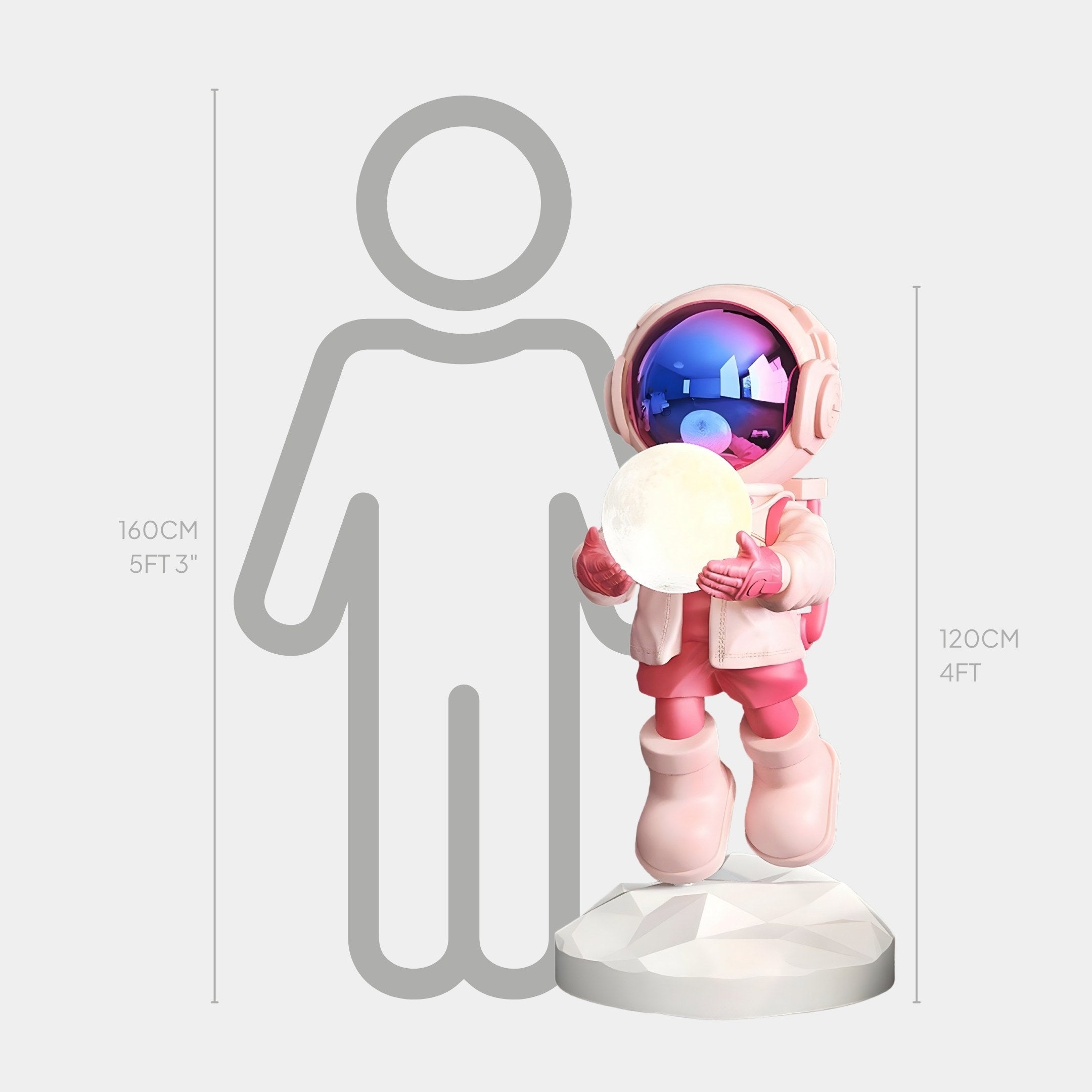 The Stellar Pink Astronaut Glow Hover Sculpture by Giant Sculptures is a 120 cm (4 ft) tall glowing orb on a white base, placed next to a 160 cm (5 ft 3 in) silhouette for height comparison.