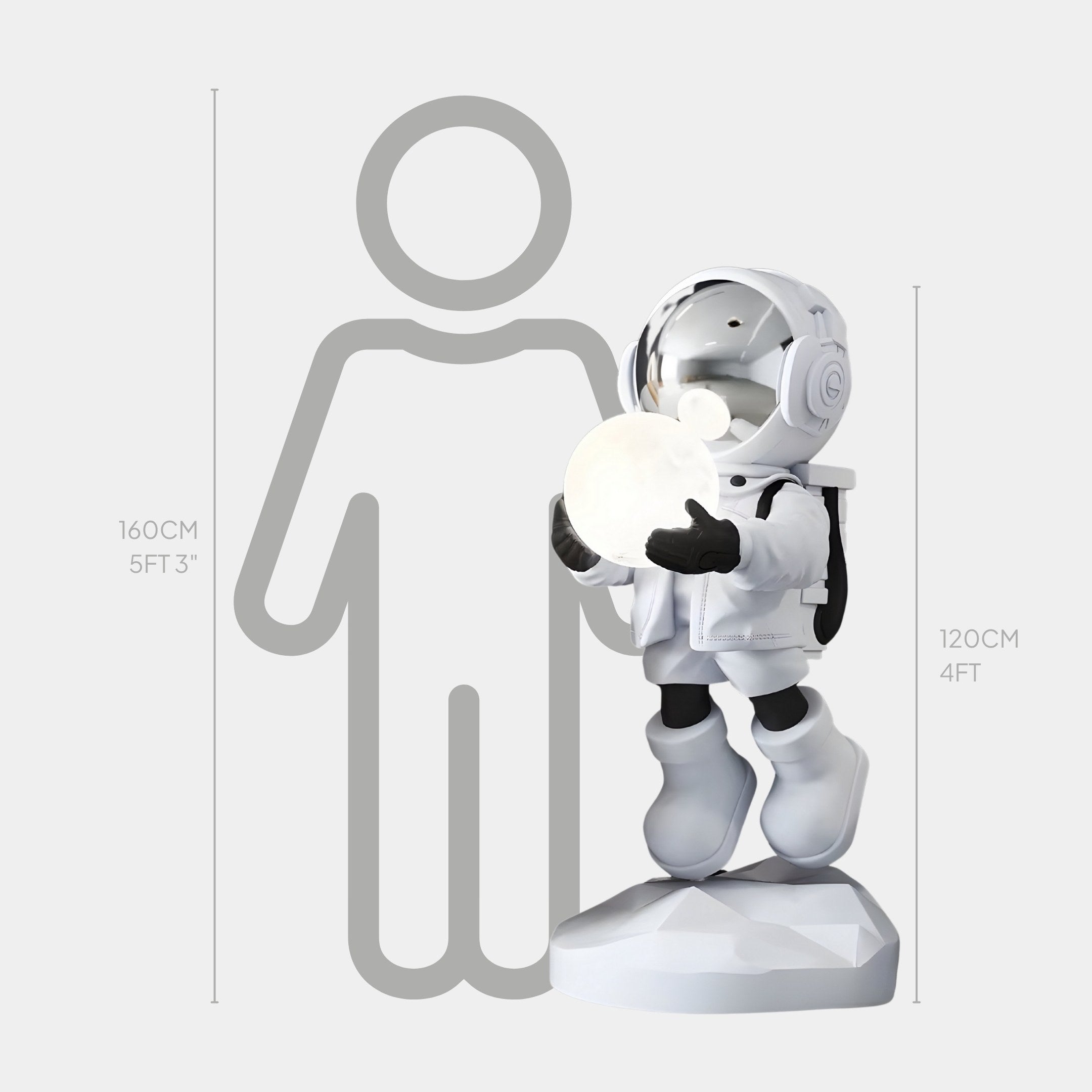 The Nova White Astronaut Glow Hover Sculpture from Giant Sculptures, standing at 120cm, depicts an astronaut in a white spacesuit and helmet holding a glowing sphere next to height outlines of 160cm and 120cm.