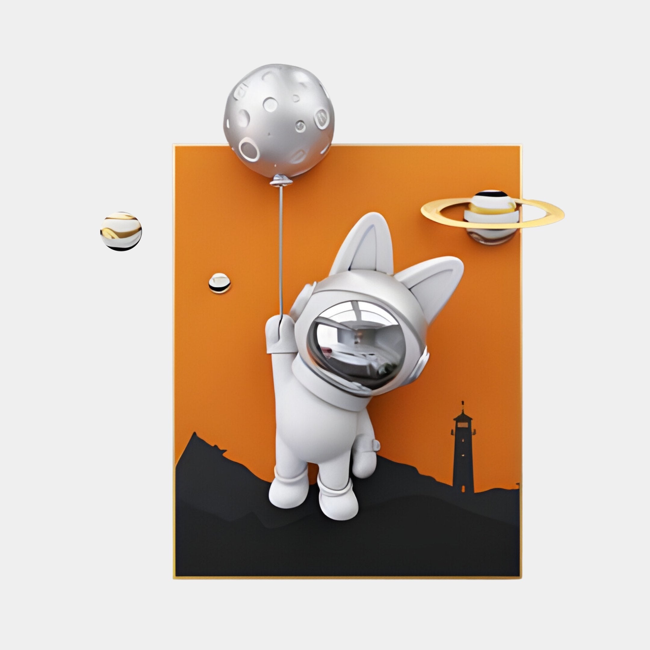 The Chrome 3D Astronaut Bunny Balloon Lighthouse Wall Art by Giant Sculptures features a cute astronaut in cat-eared suit holding a moon balloon, with Saturn and orbs floating nearby. The scene, in front of an orange backdrop with a lighthouse silhouette, exudes cosmic charm and elegance.