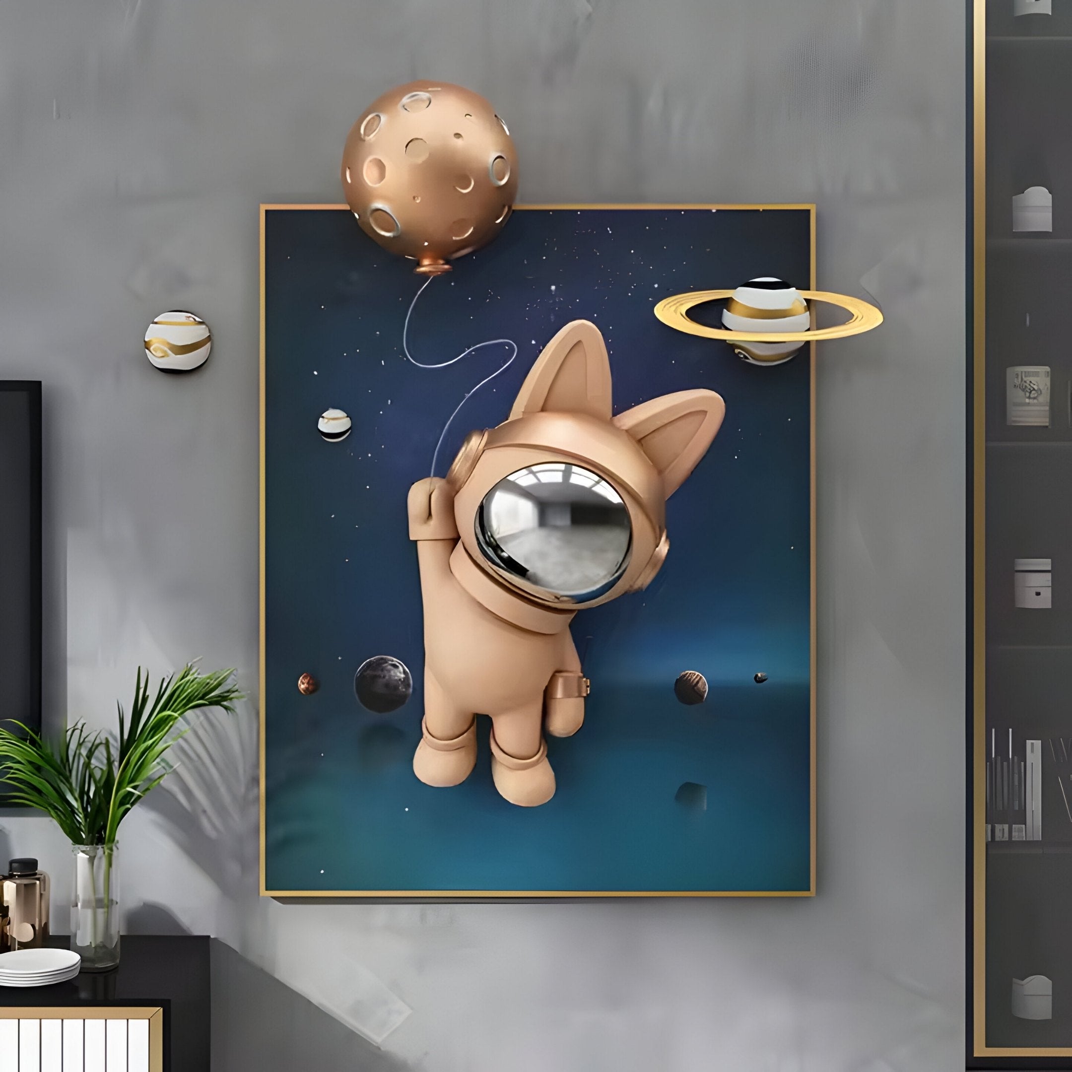 A modern interior displays the *Rose Gold 3D Astronaut Bunny Balloon Starry Wall Art* by Giant Sculptures, featuring a bunny in a space suit among planets and stars, perfectly complemented by a spherical lamp resembling a planet to enhance the cosmic theme.