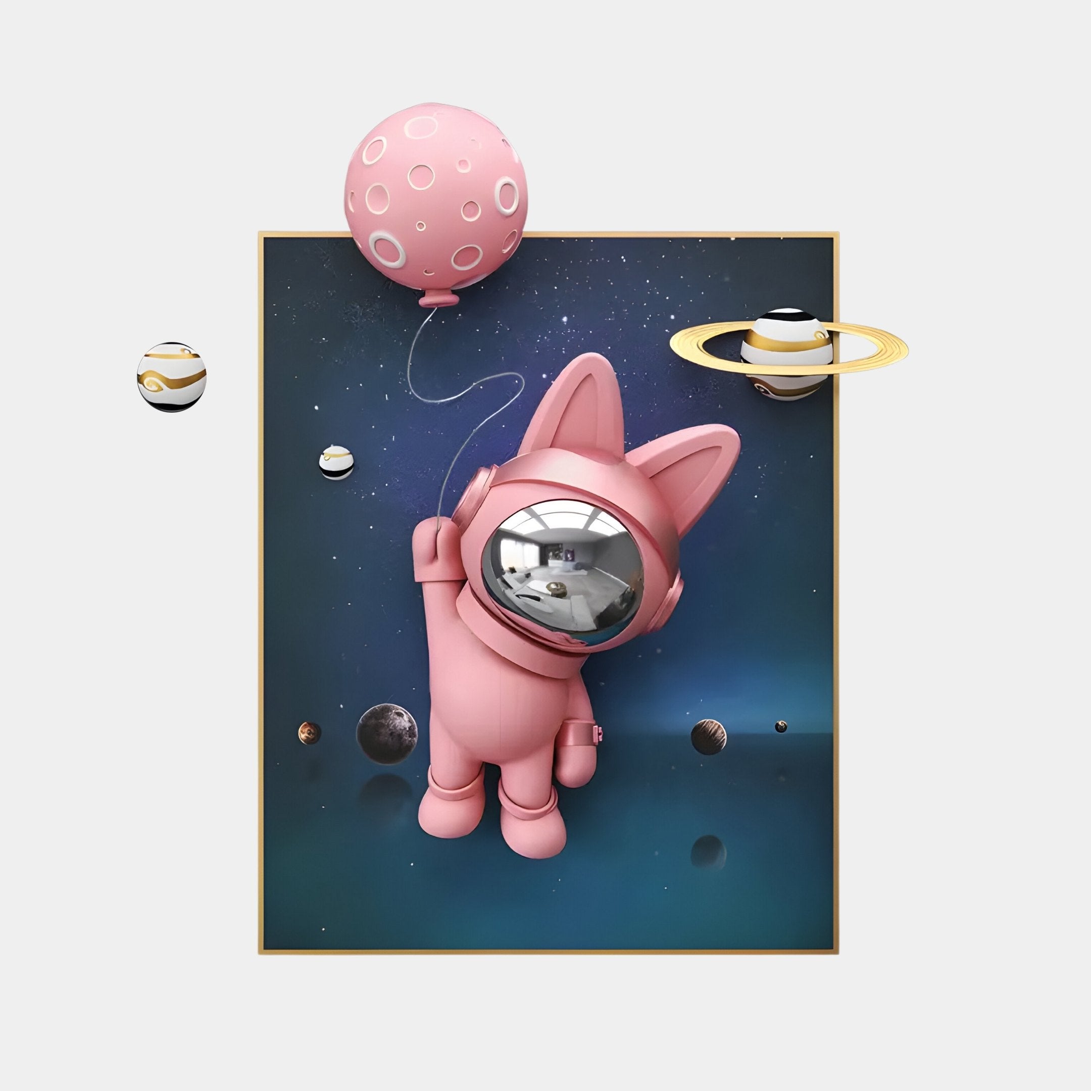 The Pink 3D Astronaut Bunny Balloon Starry Wall Art by Giant Sculptures features a whimsical pink astronaut bunny holding a pink balloon amidst planets like Saturn and celestial wonders, all set against enchanting starry wall art.