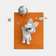 Giant Sculptures Chrome 3D Astronaut Bunny Balloon Orange Wall Art showcases a whimsical resin astronaut bunny in space. The piece features the bunny holding a silver moon-shaped balloon, with planets and rings circling its helmet against an orange backdrop—ideal for playful decor.