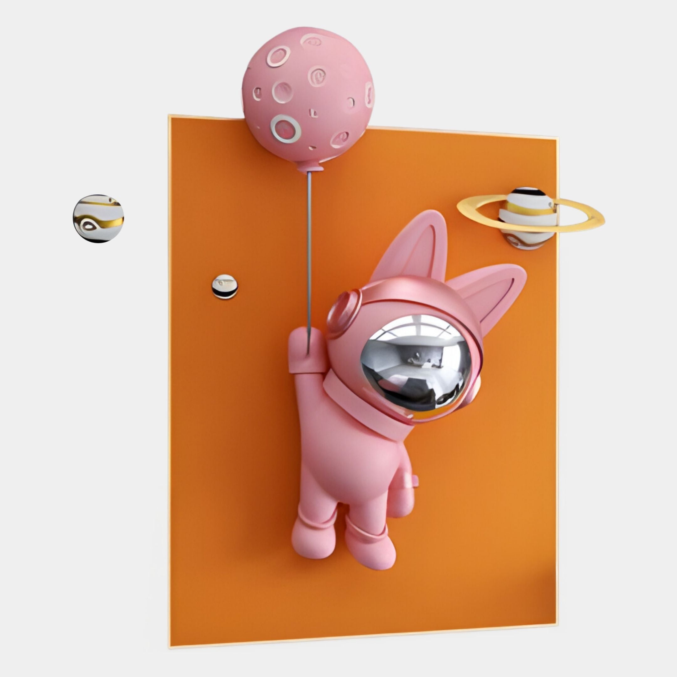 The Pink 3D Astronaut Bunny Balloon Orange Wall Art by Giant Sculptures features a bunny in a spacesuit with a planet balloon, set against an orange backdrop—ideal for interstellar-themed décor.