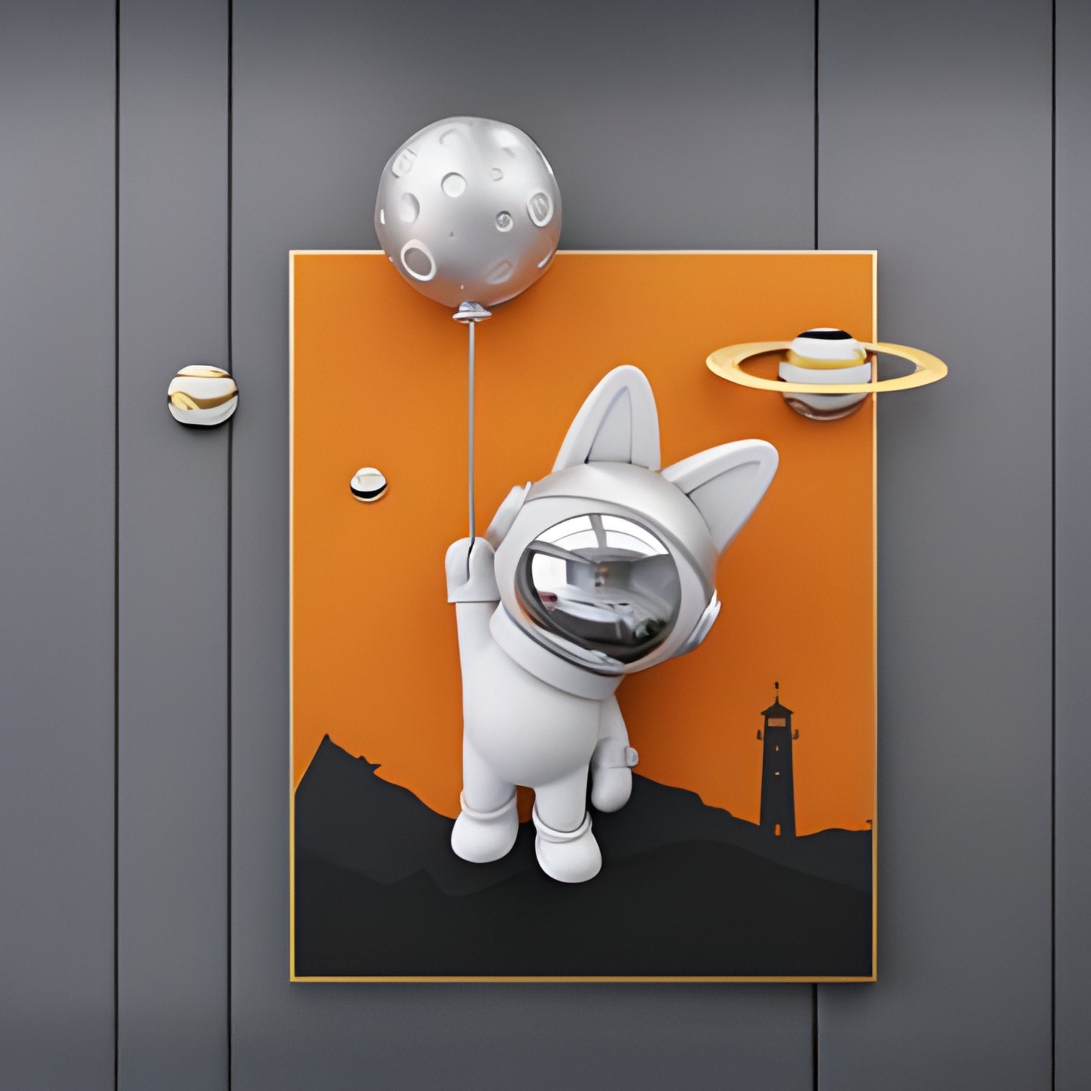 A charming 3D cat in an astronaut helmet drifts with a moon balloon on an orange backdrop, similar to Giant Sculptures Chrome 3D Astronaut Bunny Balloon Lighthouse Wall Art, featuring silhouettes of lighthouses and ringed planets against a dark gray wall.