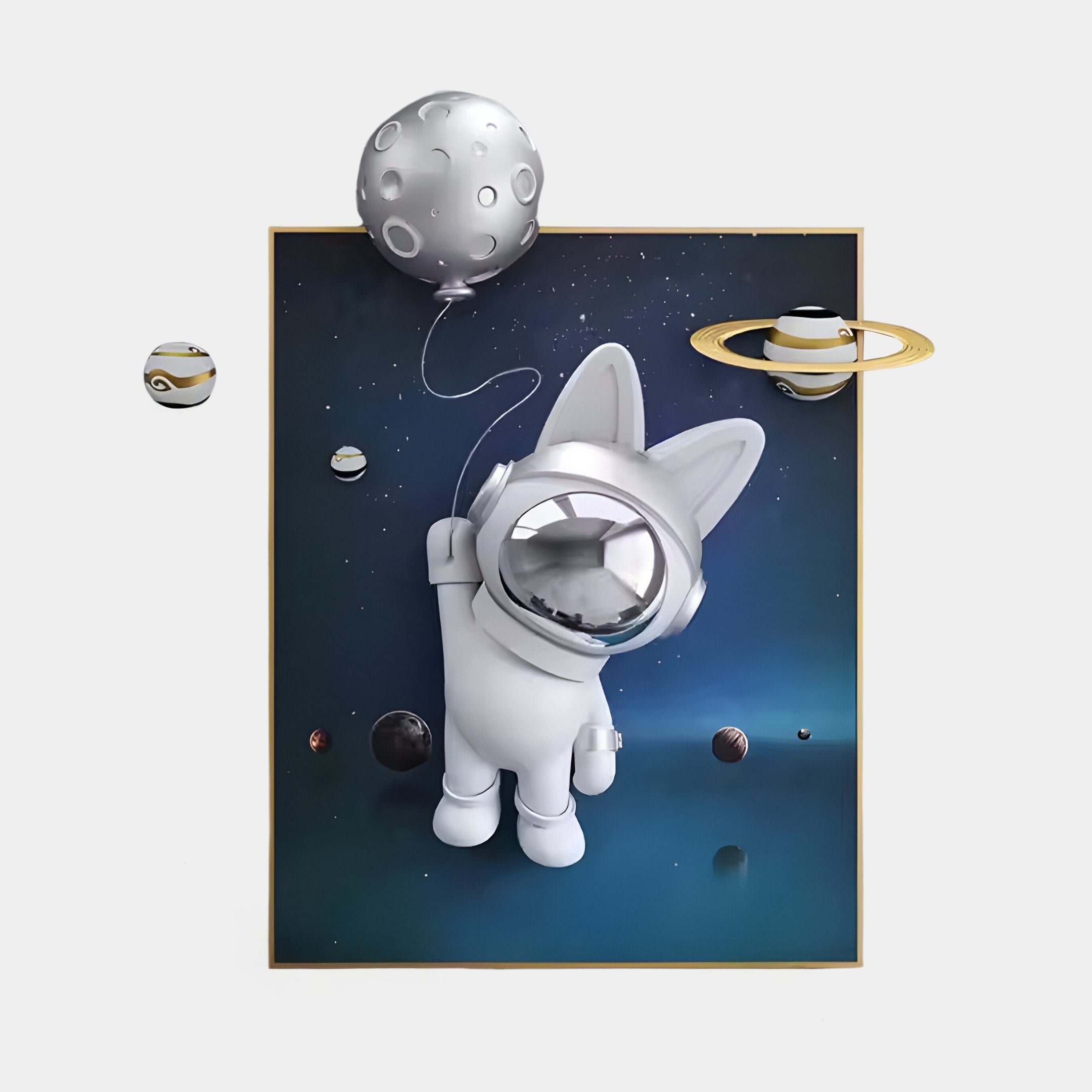 The Chrome 3D Astronaut Bunny Balloon Starry Wall Art by Giant Sculptures showcases a cartoon astronaut bunny in a spacesuit, floating among textured, ringed planets and holding a gray planet-shaped balloon against a dark blue space-themed backdrop.